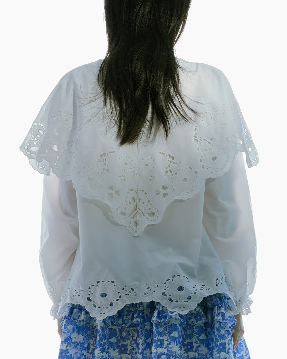 WOMEN LONG SLEEVE STYLE RUFFLED BRODERIE ANGLAISE COLLAR SHIRT WHITE TOP