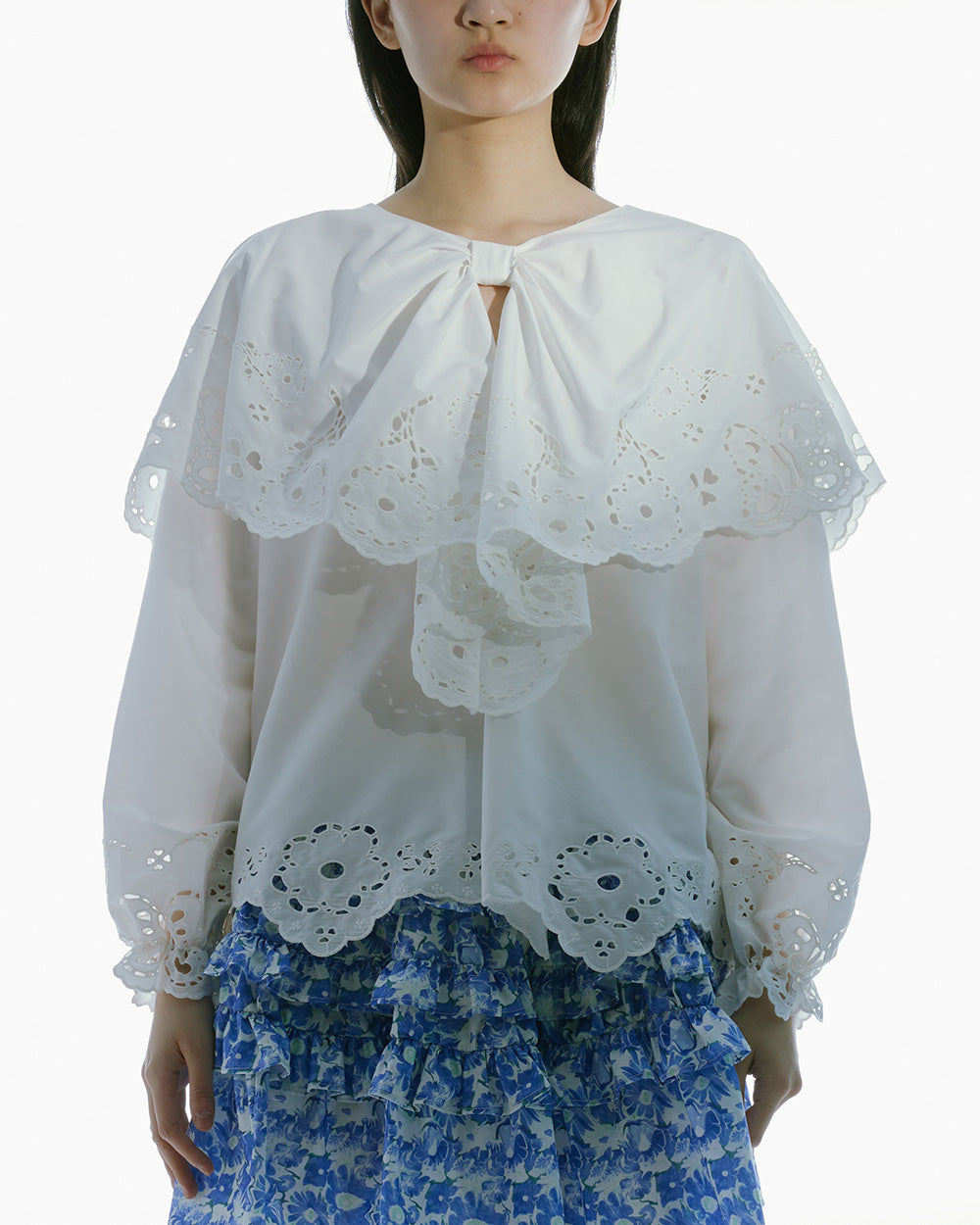 WOMEN LONG SLEEVE STYLE RUFFLED BRODERIE ANGLAISE COLLAR SHIRT WHITE TOP