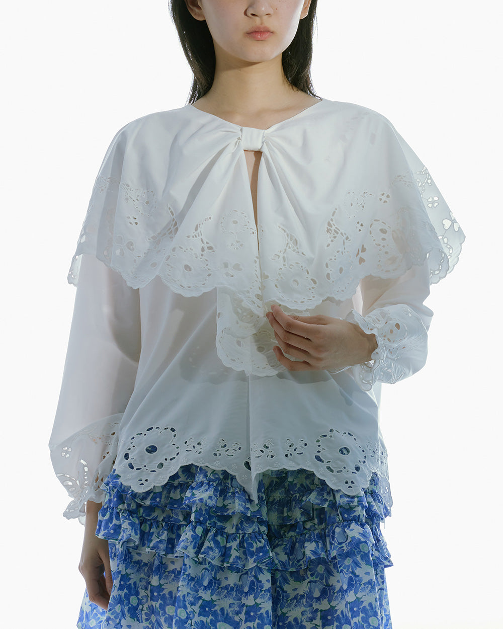 WOMEN LONG SLEEVE STYLE RUFFLED BRODERIE ANGLAISE COLLAR SHIRT WHITE TOP