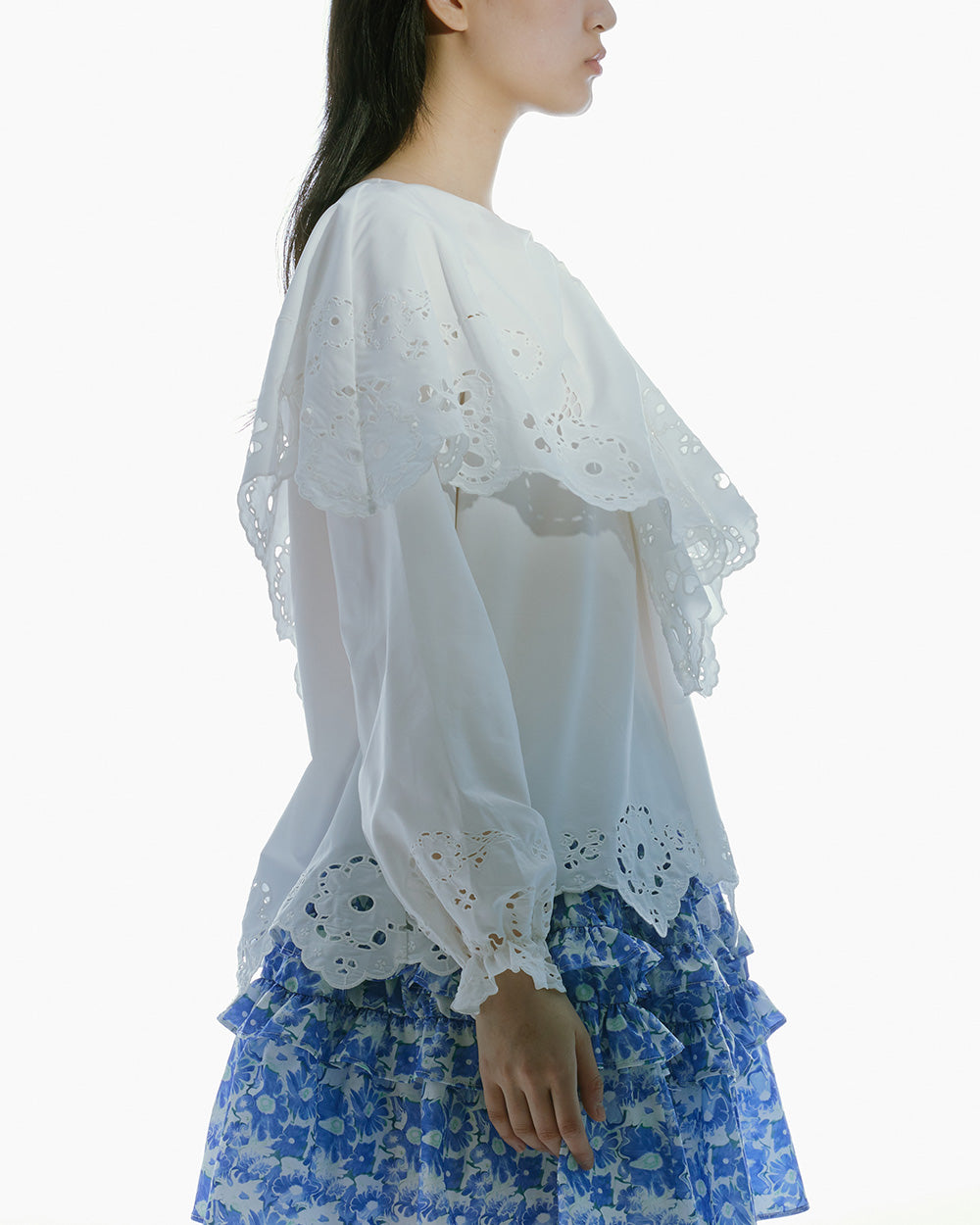 WOMEN LONG SLEEVE STYLE RUFFLED BRODERIE ANGLAISE COLLAR SHIRT WHITE TOP
