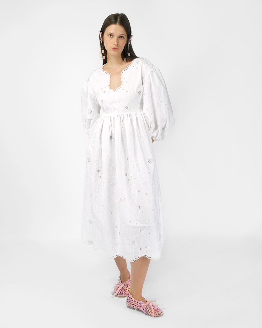 WHITE WOMEN BRODERIE ANGLAISE PUFF LONG SLEEVE DRESS 