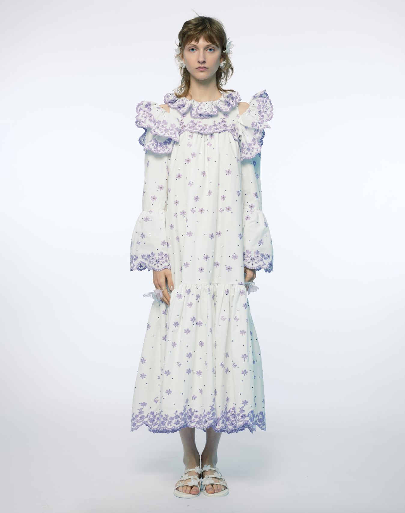 WOMEN WHITE BRODERIE ANGLAISE SCALLOP EDGE TRIM LONG MAXI LONG SLEEVE DRESS WEDDING BRIDAL EVENING DRESSES