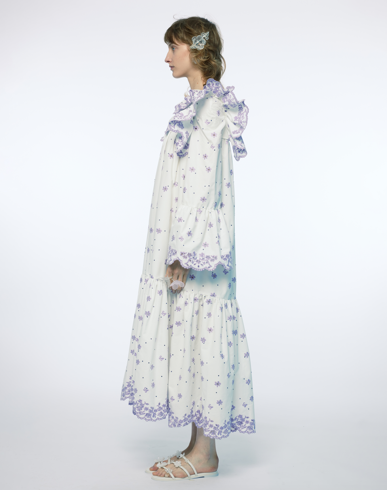 WOMEN WHITE BRODERIE ANGLAISE SCALLOP EDGE TRIM LONG MAXI LONG SLEEVE DRESS WEDDING BRIDAL EVENING DRESSES