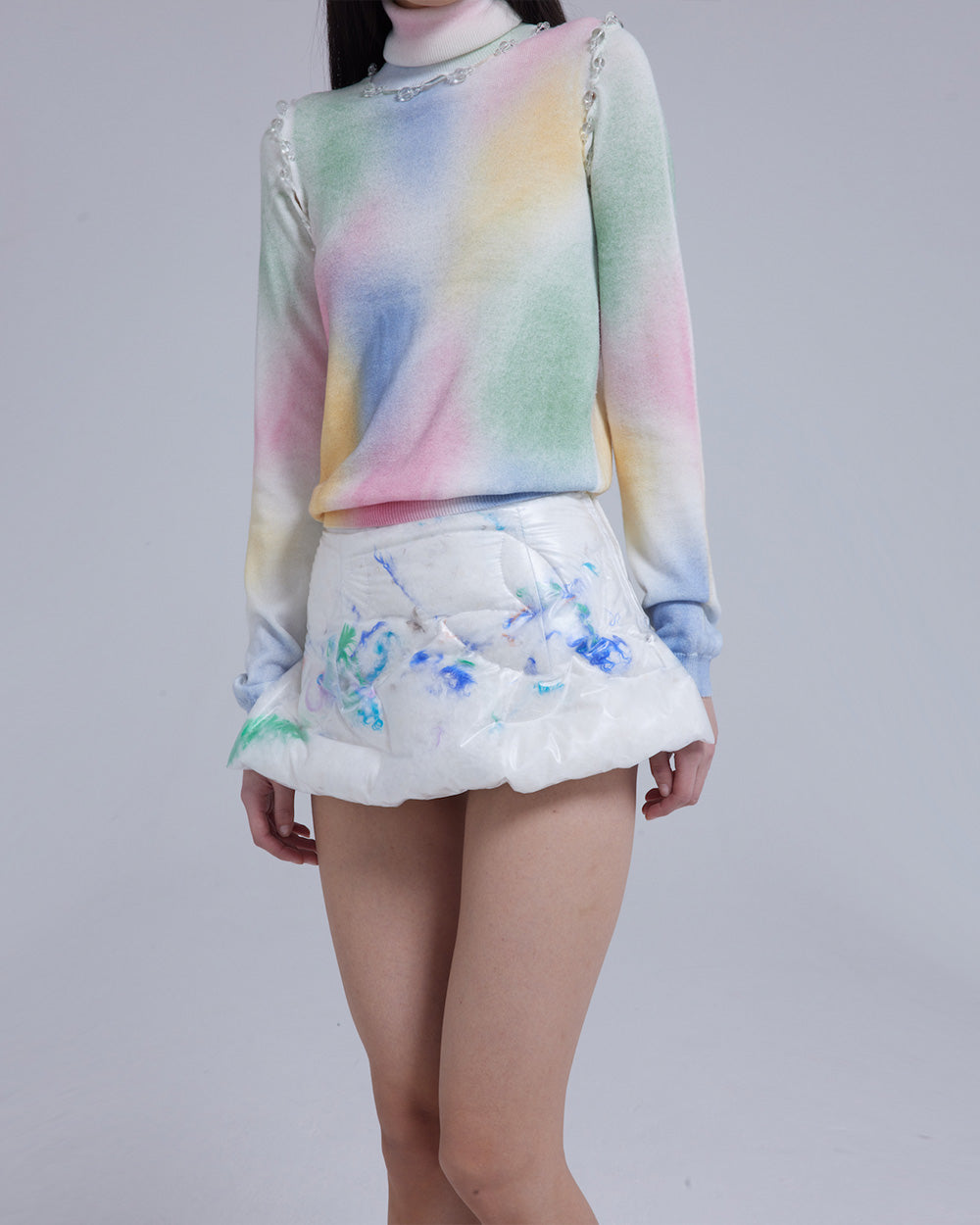 WOMEN GIRL TURTLENECK LONG SLEEVE STYLE PASTEL BUBBLE BEAD SEAMS KNIT JUMPER
