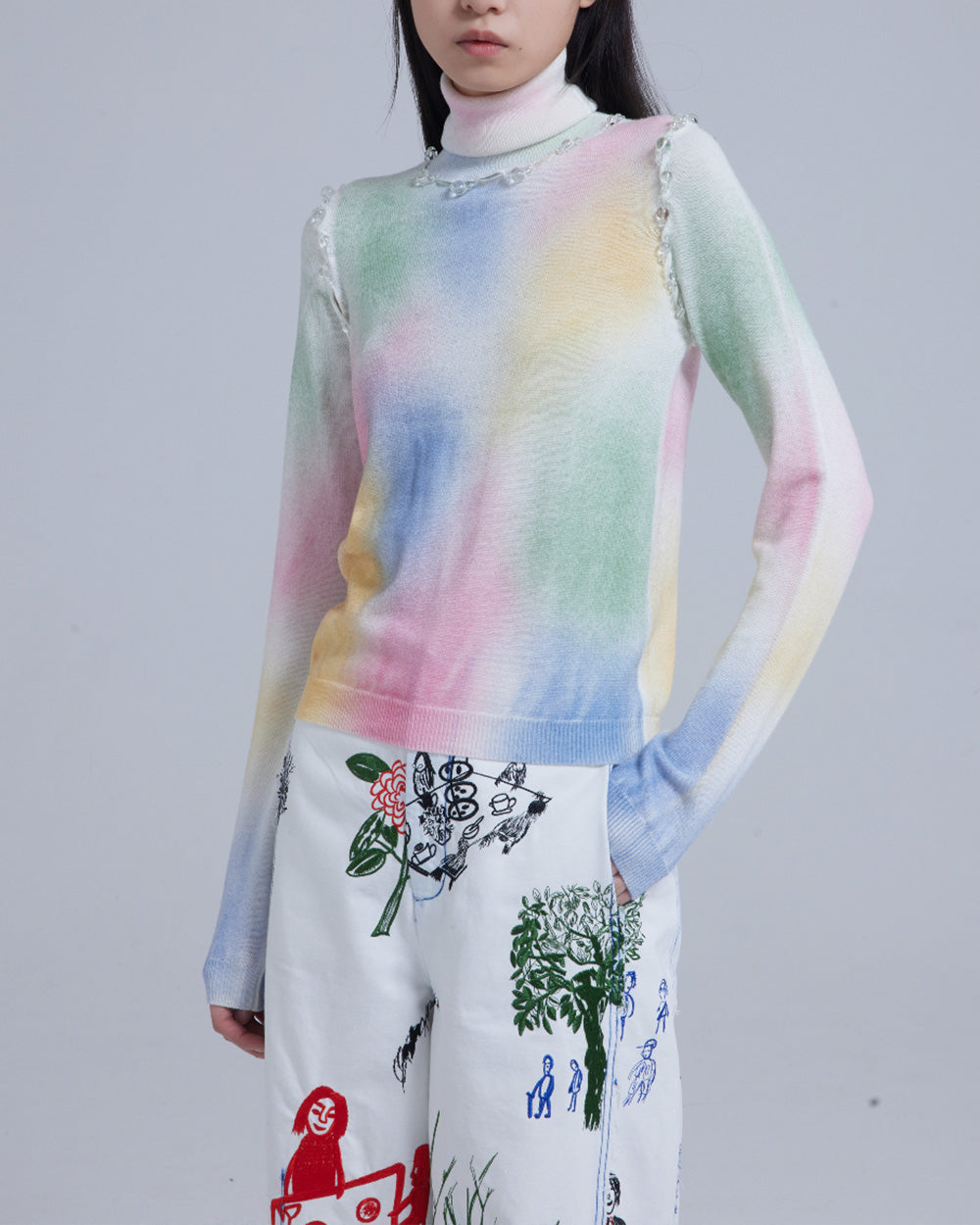 WOMEN GIRL TURTLENECK LONG SLEEVE STYLE PASTEL BUBBLE BEAD SEAMS KNIT JUMPER