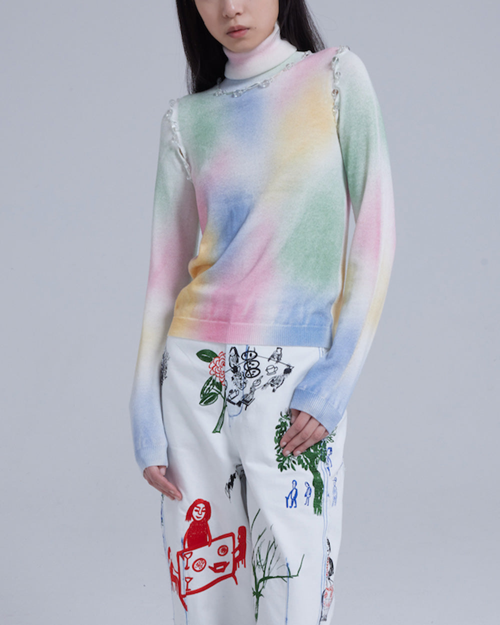 WOMEN GIRL TURTLENECK LONG SLEEVE STYLE PASTEL BUBBLE BEAD SEAMS KNIT JUMPER