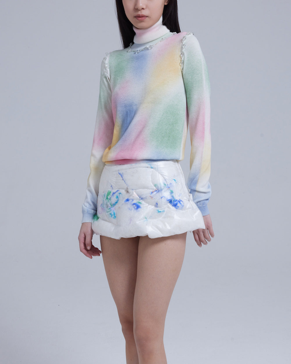 WOMEN GIRL TURTLENECK LONG SLEEVE STYLE PASTEL BUBBLE BEAD SEAMS KNIT JUMPER