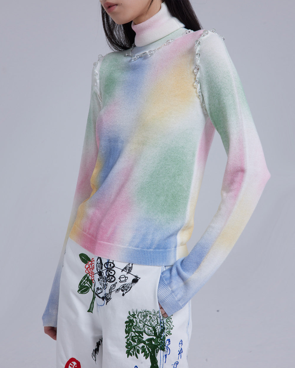 WOMEN GIRL TURTLENECK LONG SLEEVE STYLE PASTEL BUBBLE BEAD SEAMS KNIT JUMPER
