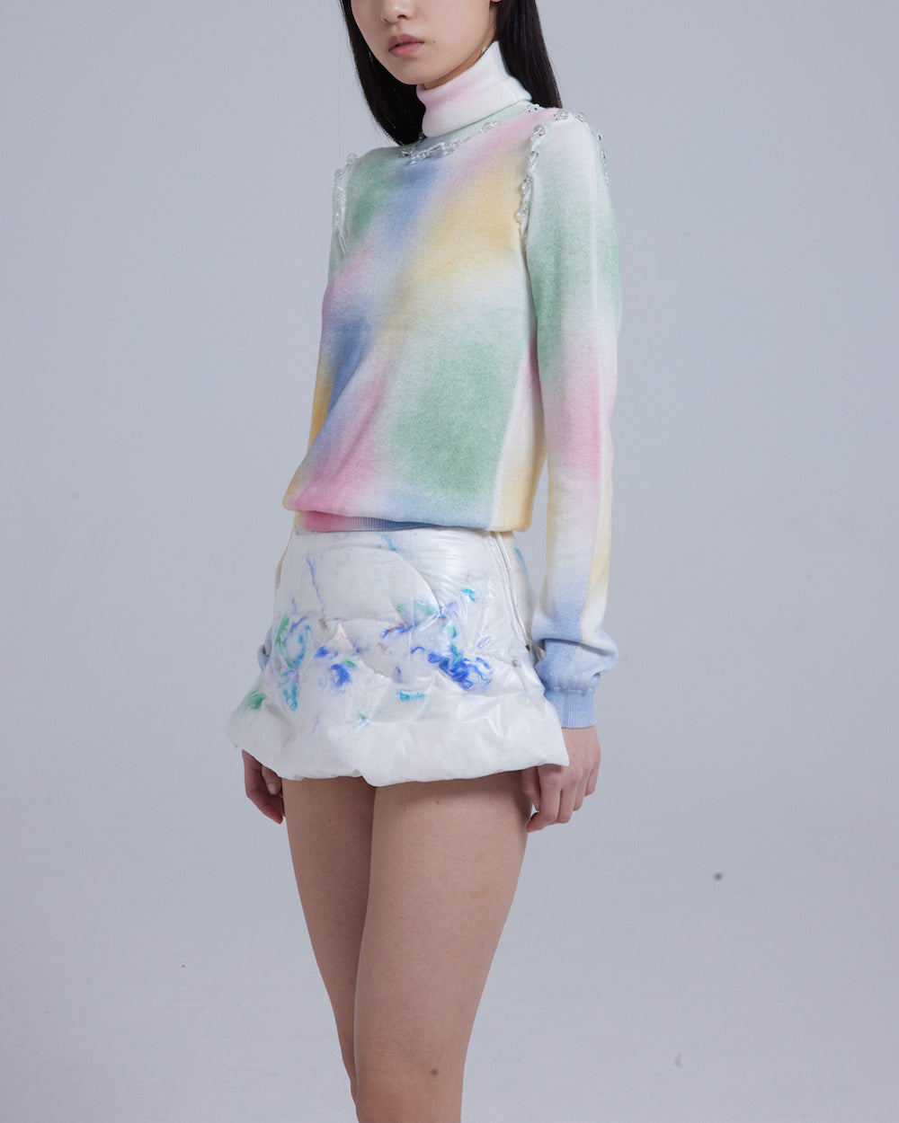 WOMEN GIRL TURTLENECK LONG SLEEVE STYLE PASTEL BUBBLE BEAD SEAMS KNIT JUMPER
