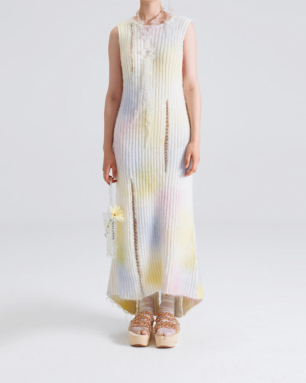 WOMEN GIRL SLEEVELESS STYLE MAXI WHITE BUBBLE KNIT DRESS