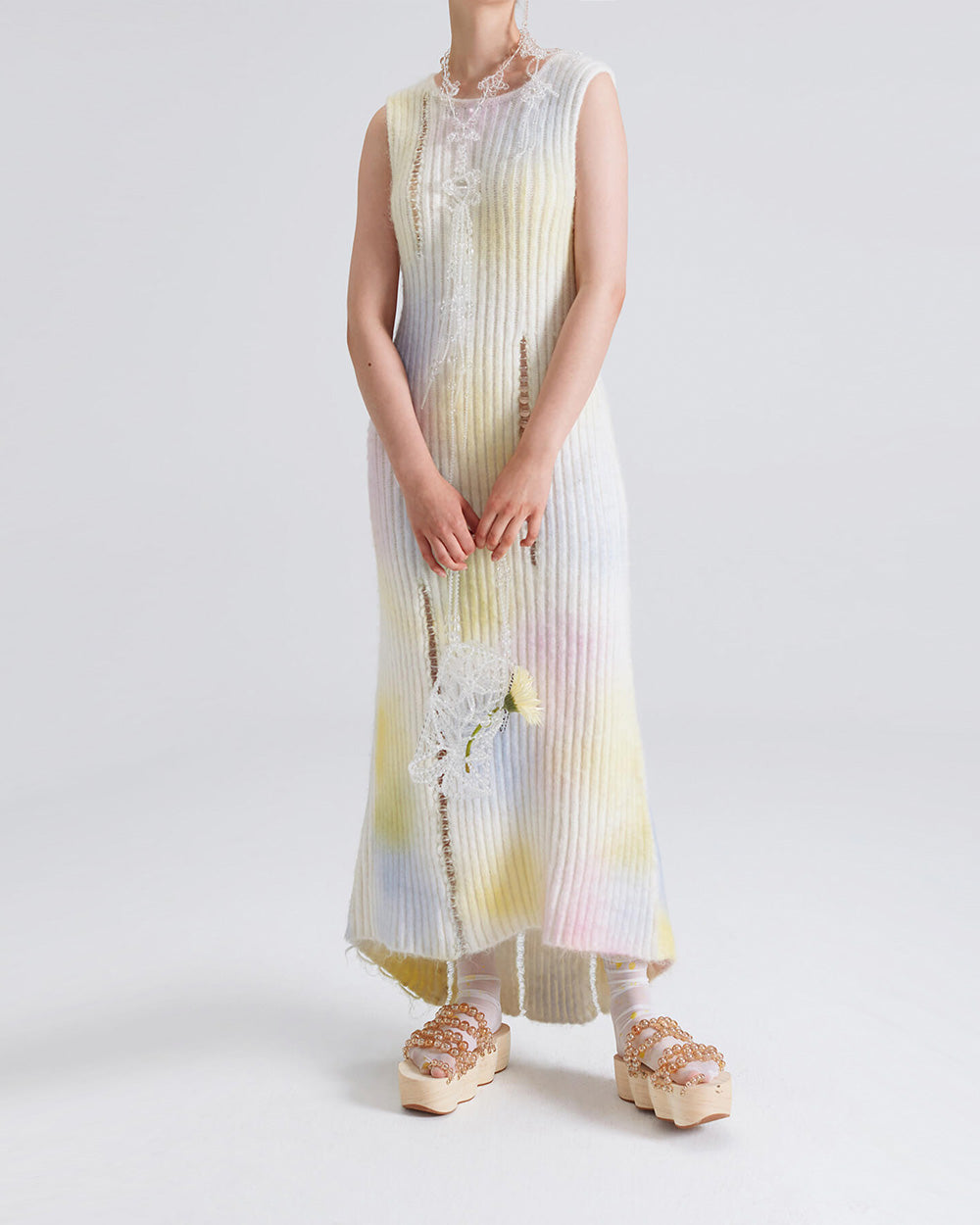 WOMEN GIRL SLEEVELESS STYLE MAXI WHITE BUBBLE KNIT DRESS