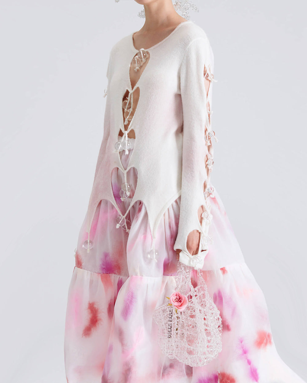 WOMEN GIRL OVE CLEAR BEADS CUTOUT WHITE BUBBLE KNIT HEART CARDIGAN