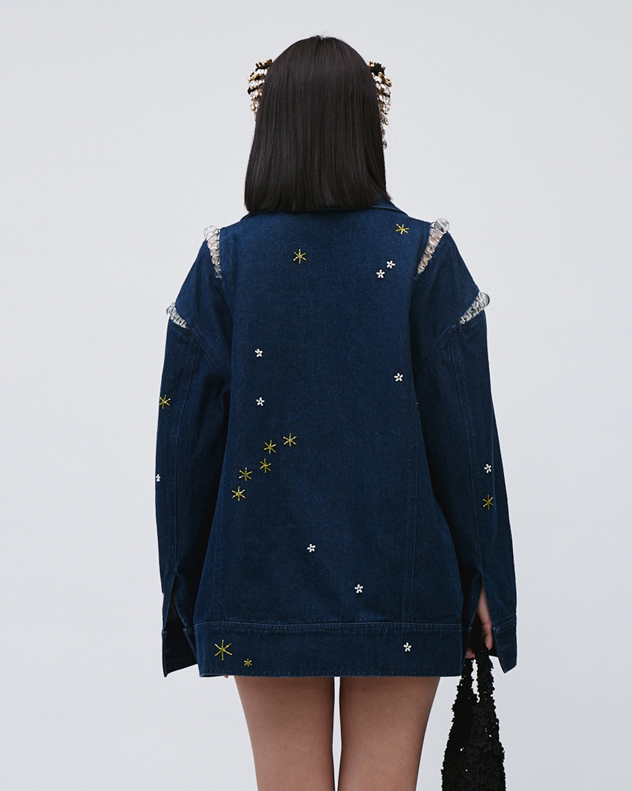 WOMENS DENIM JACKET LONG SLEEVE NAVY BLUE WITH EMBROIDERIES AND BEADING DETAILS, FRONT BUTTON CLOSURE 
