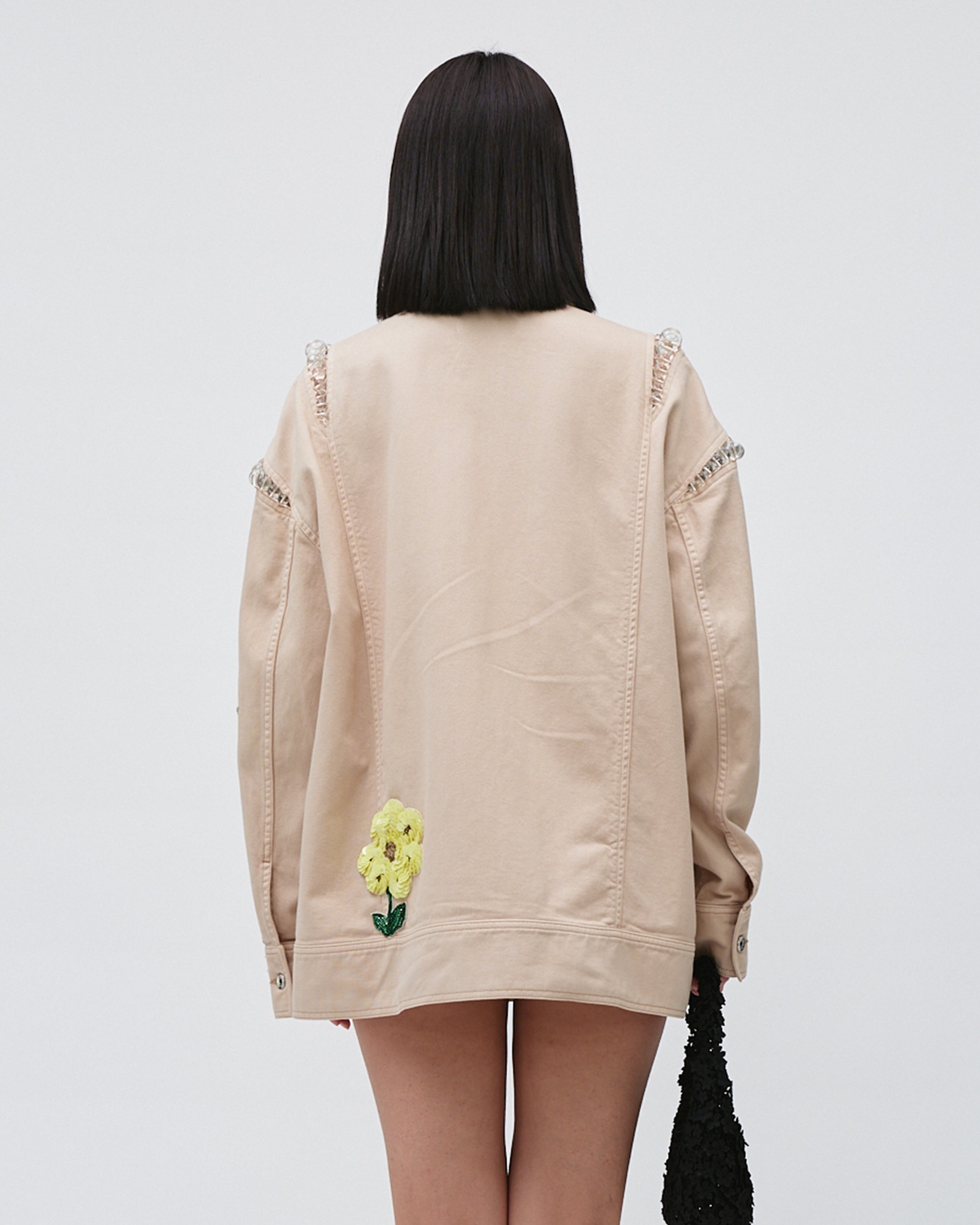 WOMEN'S DENIM JACKET LONG SLEEVE WITH FLOWER SEQUINS EMBROIDERY BEIGE COLOUR WITH BEAD DETAILS AND POCKETS
