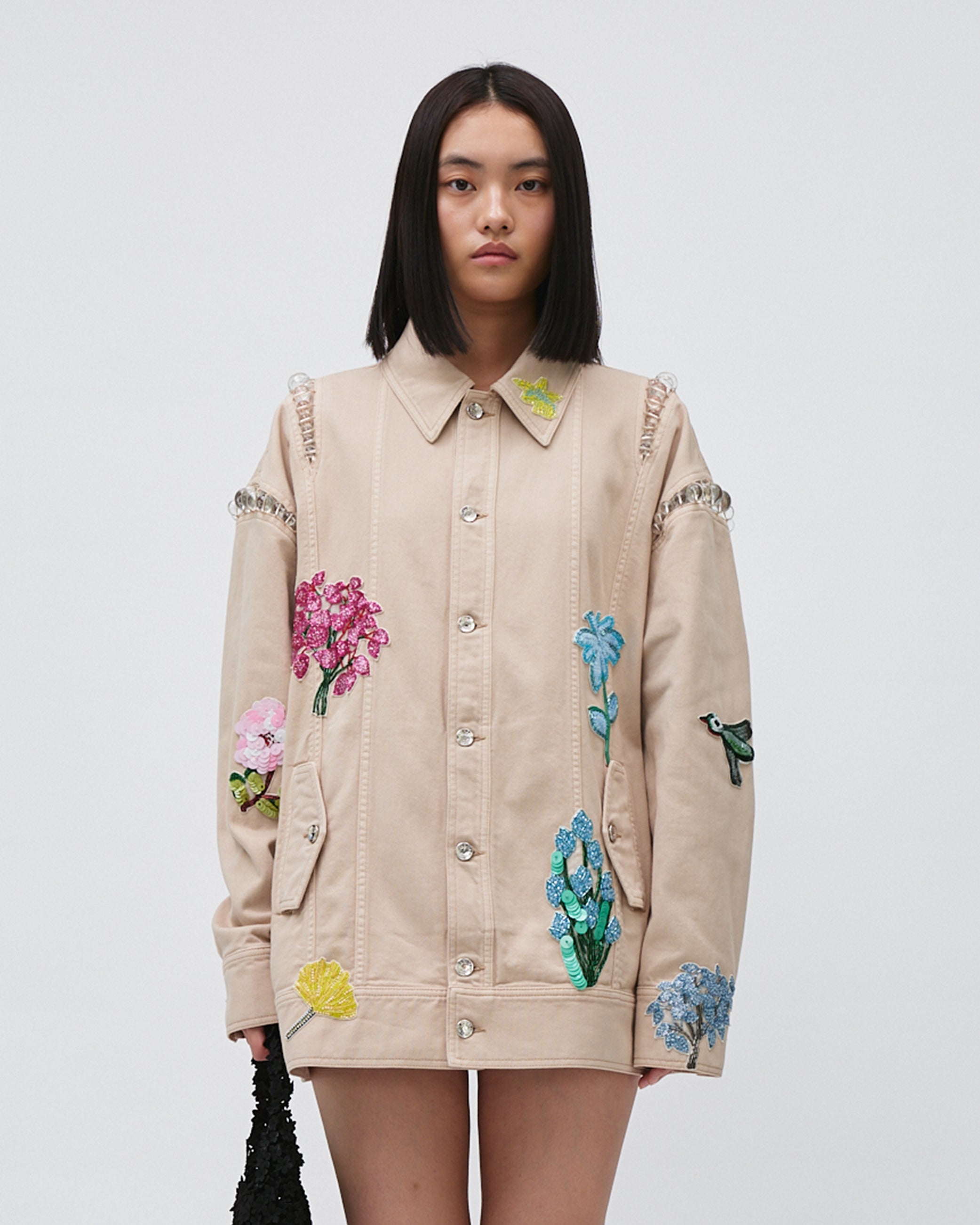 WOMEN'S DENIM JACKET LONG SLEEVE WITH FLOWER SEQUINS EMBROIDERY BEIGE COLOUR WITH BEAD DETAILS AND POCKETS