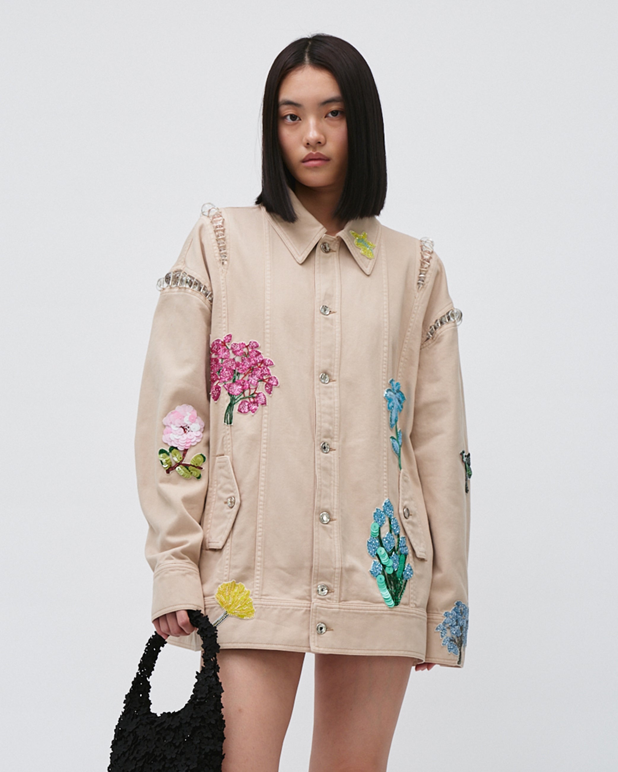 WOMEN'S DENIM JACKET LONG SLEEVE WITH FLOWER SEQUINS EMBROIDERY BEIGE COLOUR WITH BEAD DETAILS AND POCKETS 
