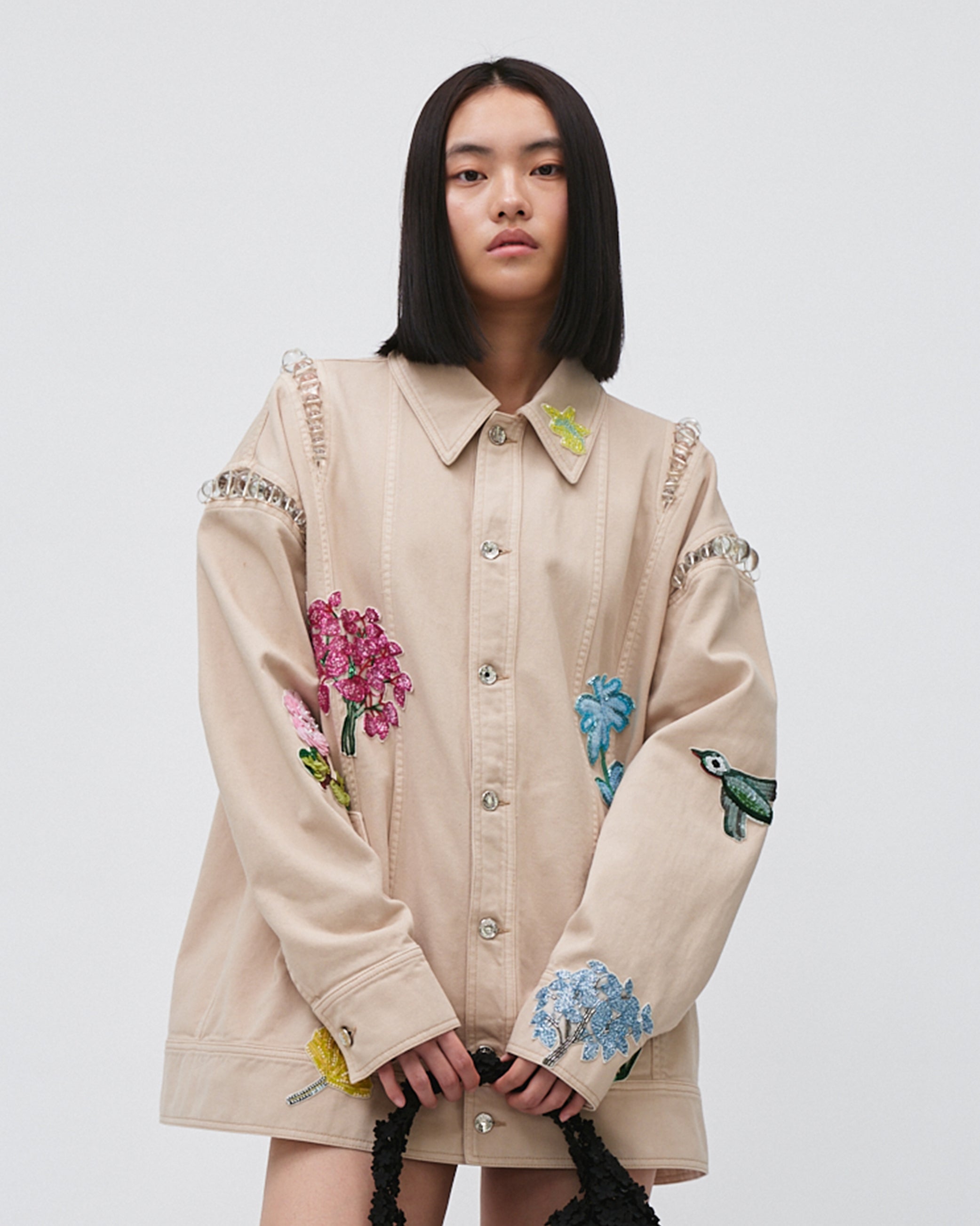 WOMEN'S DENIM JACKET LONG SLEEVE WITH FLOWER SEQUINS EMBROIDERY BEIGE COLOUR WITH BEAD DETAILS AND POCKETS