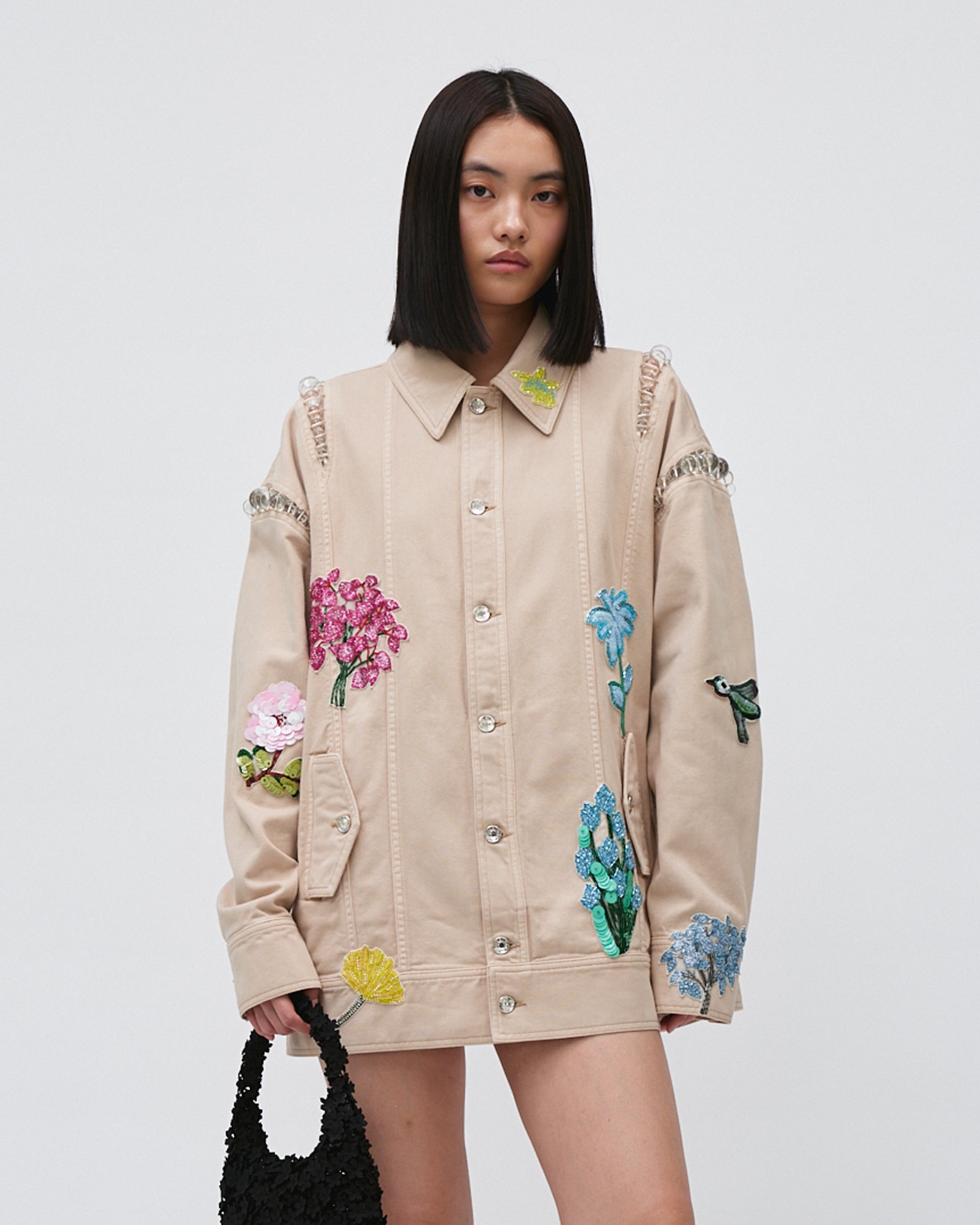 WOMEN'S DENIM JACKET LONG SLEEVE WITH FLOWER SEQUINS EMBROIDERY BEIGE COLOUR WITH BEAD DETAILS AND POCKETS