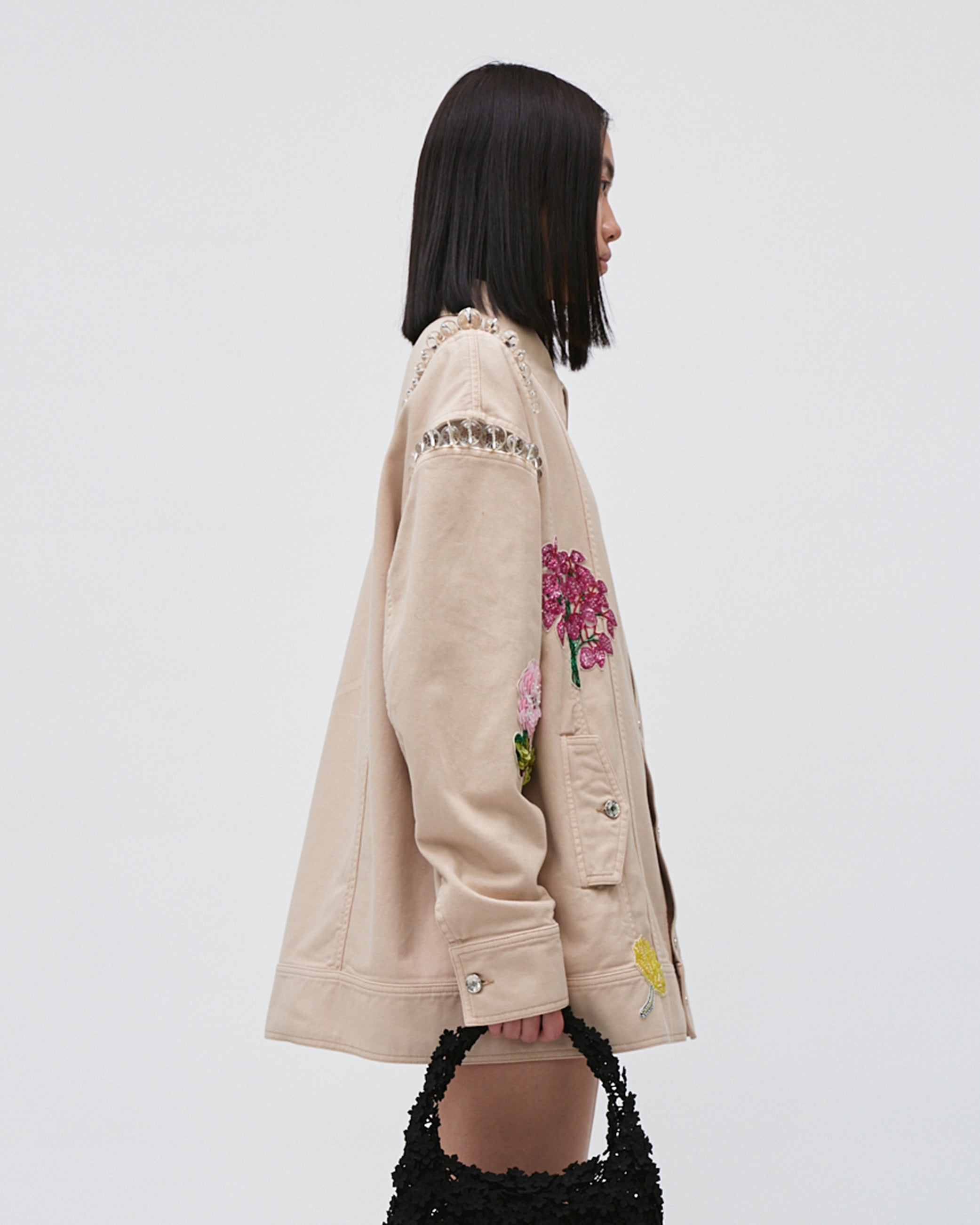 WOMEN'S DENIM JACKET LONG SLEEVE WITH FLOWER SEQUINS EMBROIDERY BEIGE COLOUR WITH BEAD DETAILS AND POCKETS