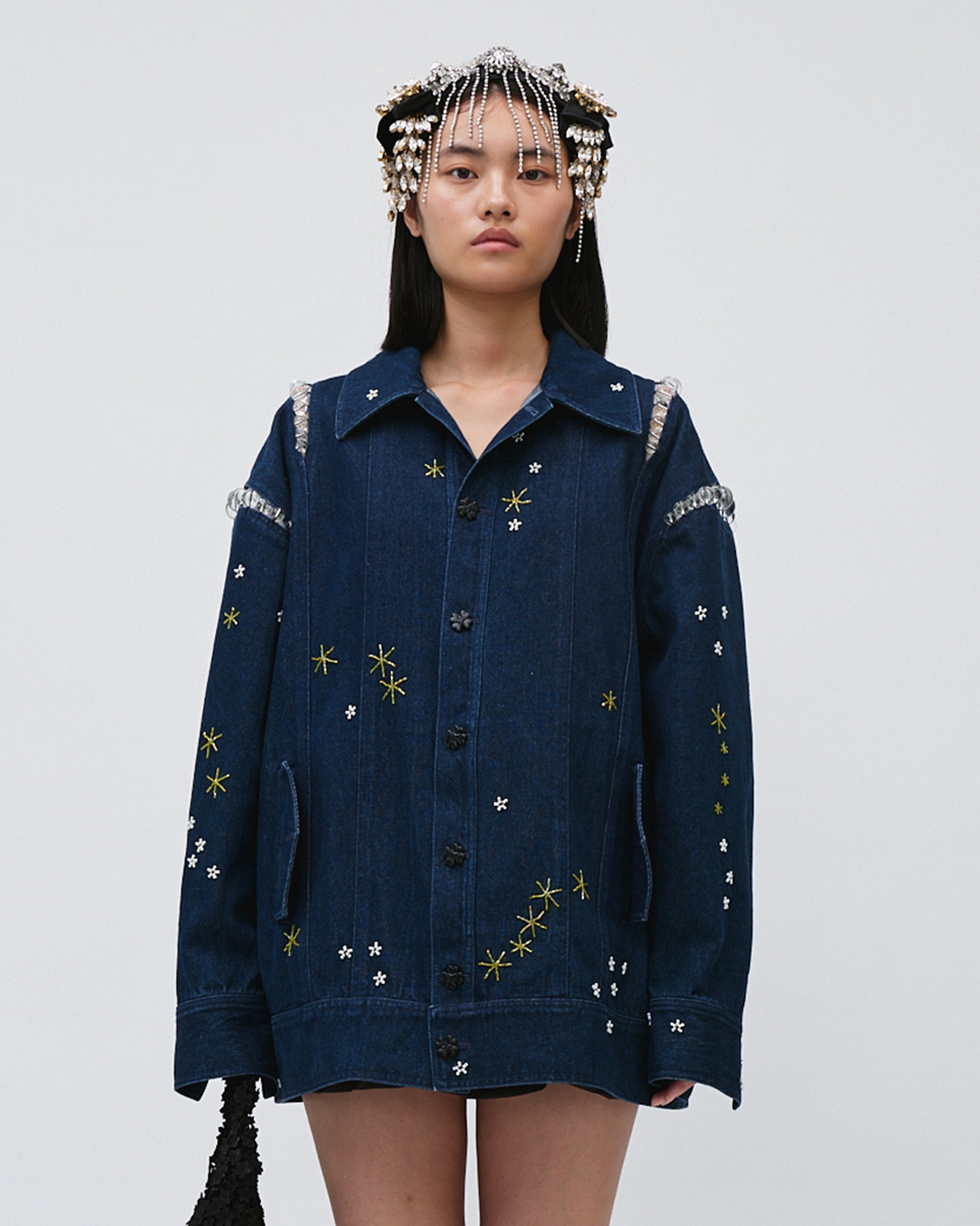 WOMENS DENIM JACKET LONG SLEEVE NAVY BLUE WITH EMBROIDERIES AND BEADING DETAILS, FRONT BUTTON CLOSURE 
