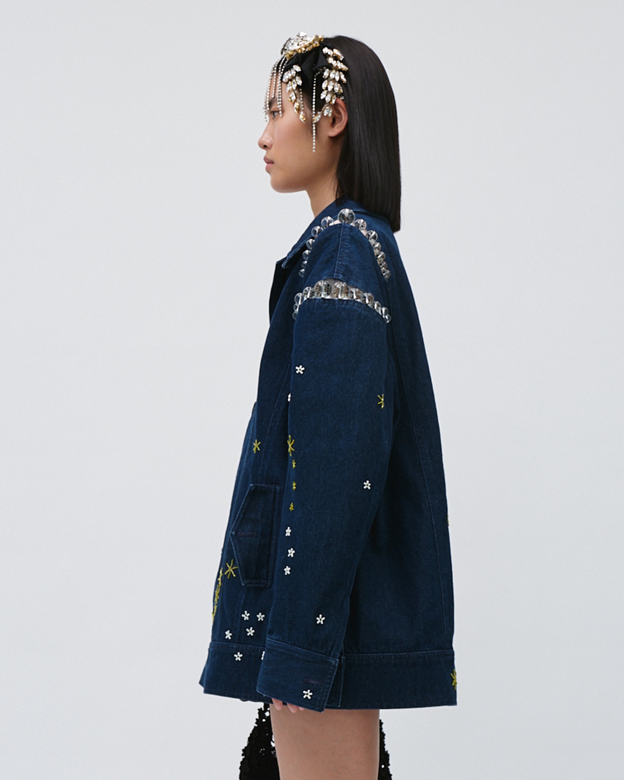 WOMENS DENIM JACKET LONG SLEEVE NAVY BLUE WITH EMBROIDERIES AND BEADING DETAILS, FRONT BUTTON CLOSURE 