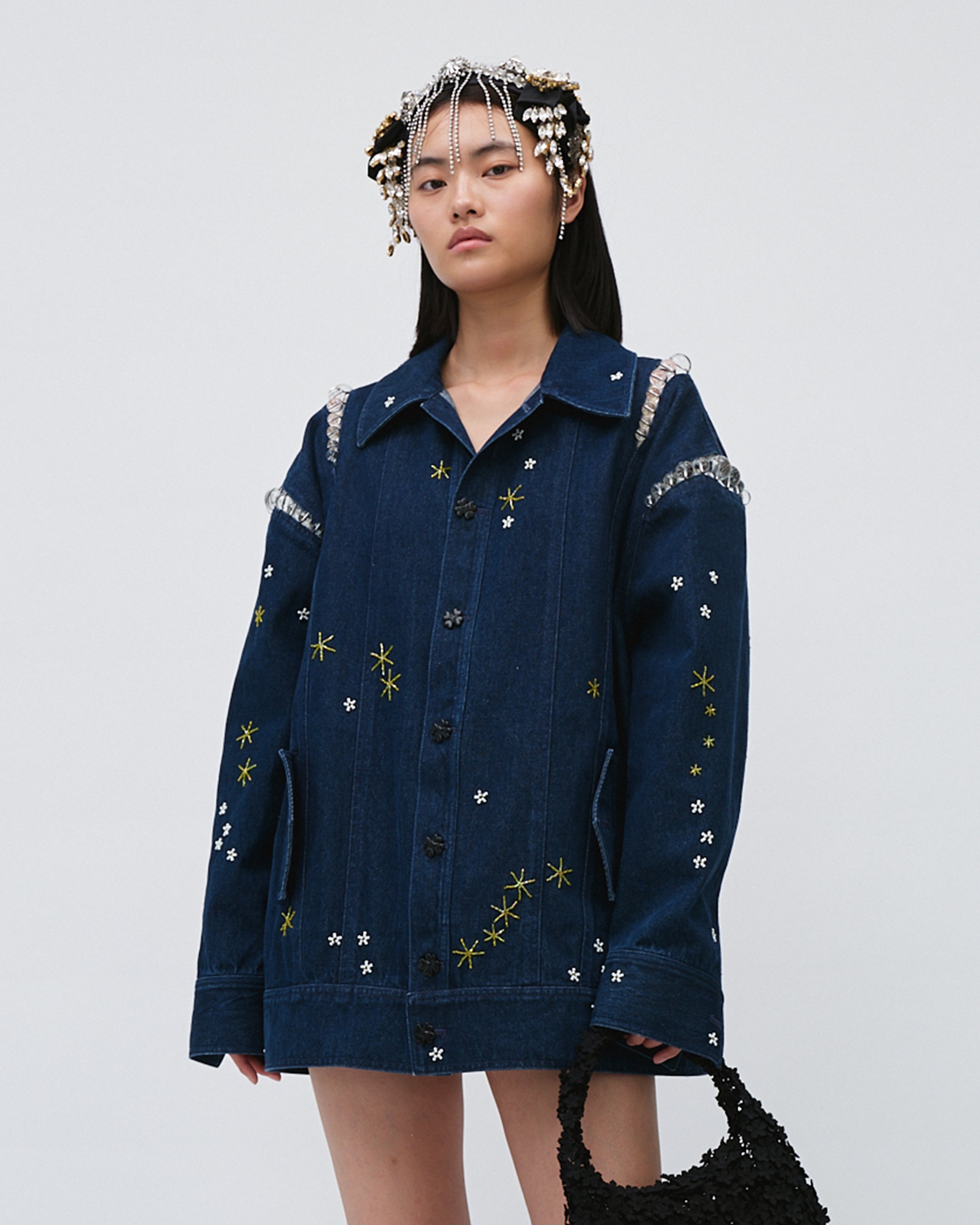 WOMENS DENIM JACKET LONG SLEEVE NAVY BLUE WITH EMBROIDERIES AND BEADING DETAILS, FRONT BUTTON CLOSURE 