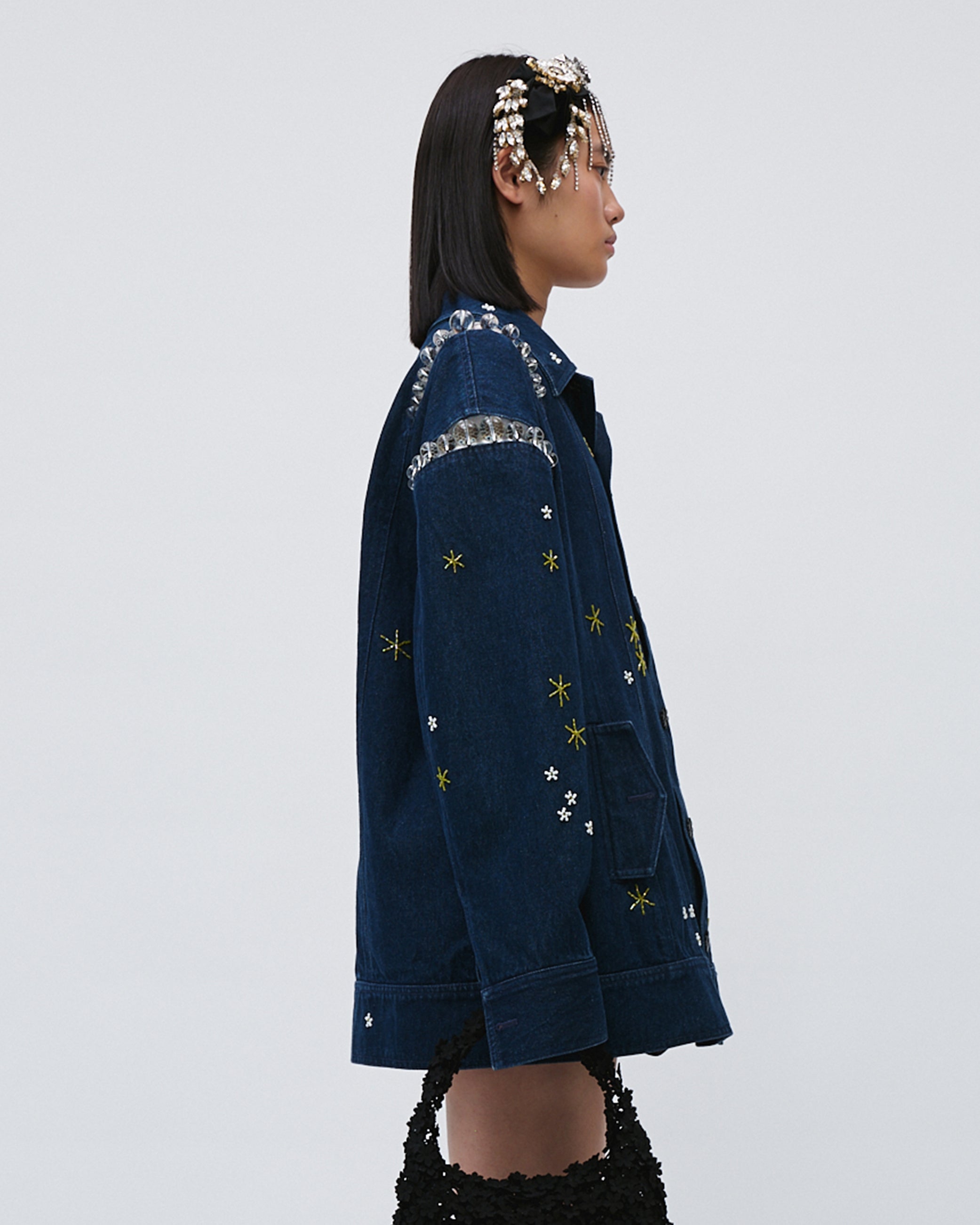 WOMENS DENIM JACKET LONG SLEEVE NAVY BLUE WITH EMBROIDERIES AND BEADING DETAILS, FRONT BUTTON CLOSURE 