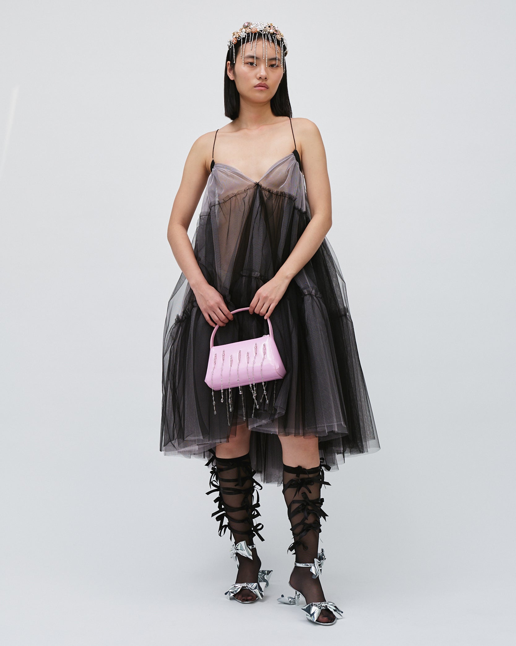 WOMENS MIDI STRAP DRESS BLACK AND PINK SLEEVELESS TULLE DRESS 