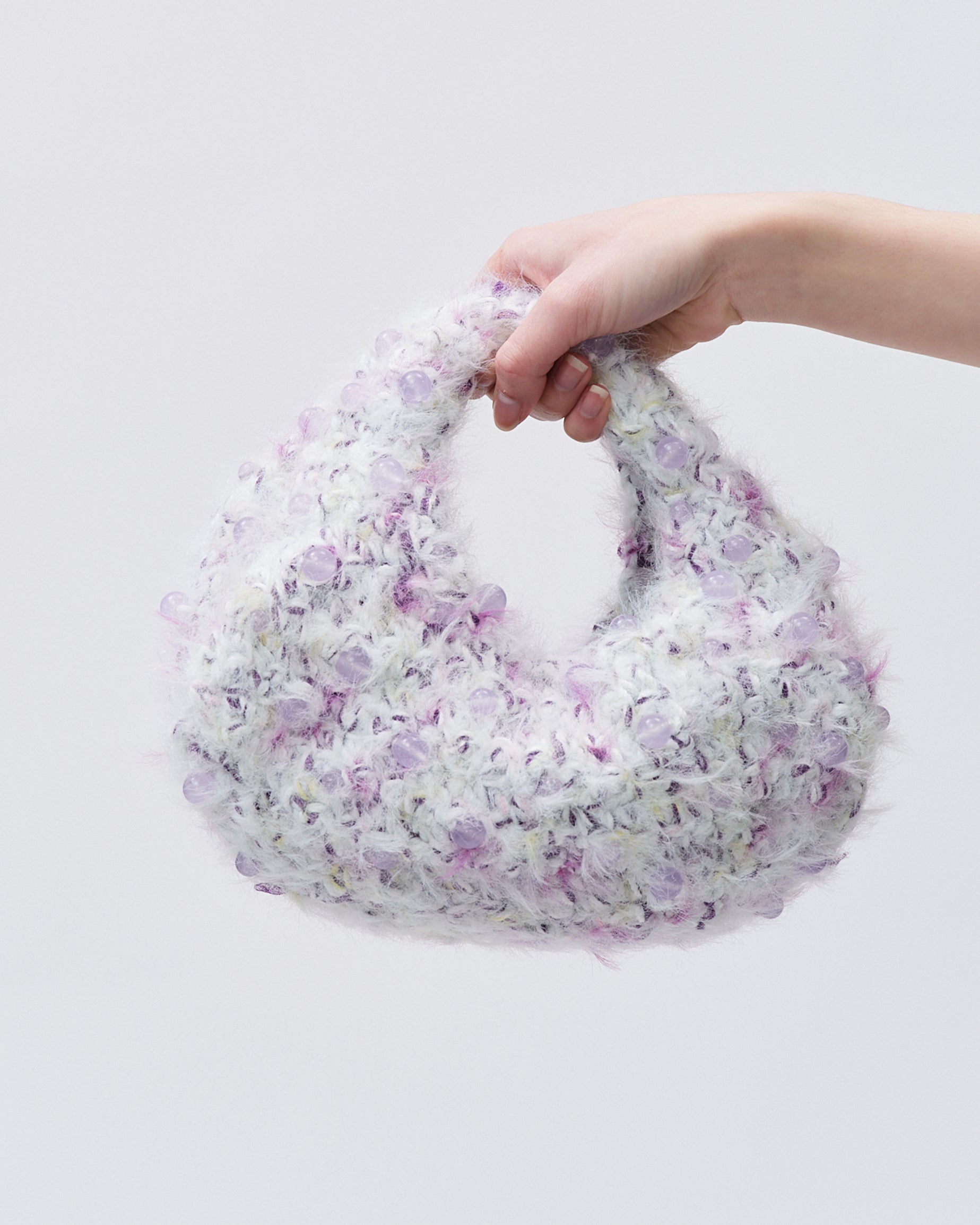 WOMENS CROCHET BEADED HANDBAG PURPLE LIGHT LILACE ACCESSORY 