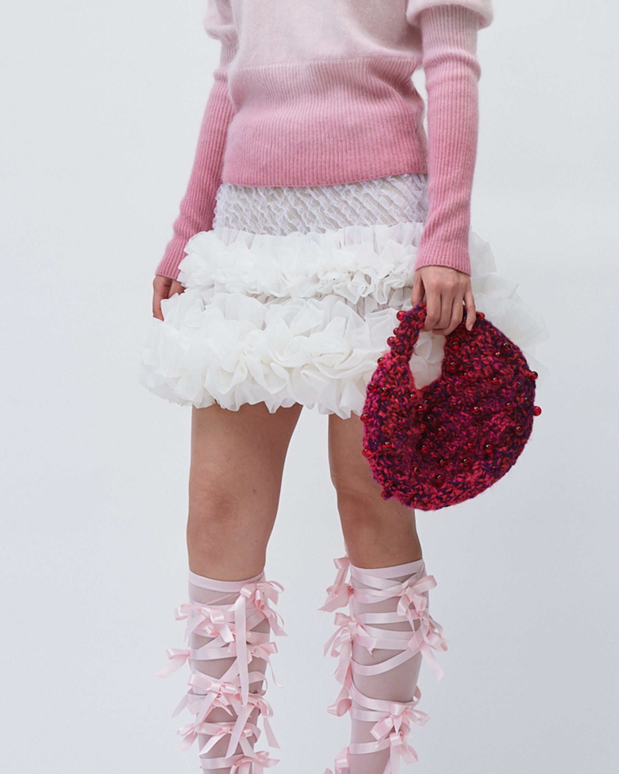 PINK WOMEN GIRL KOREAN ASIAN STYLE CROCHET BEADED HANDBAG DESIGN 