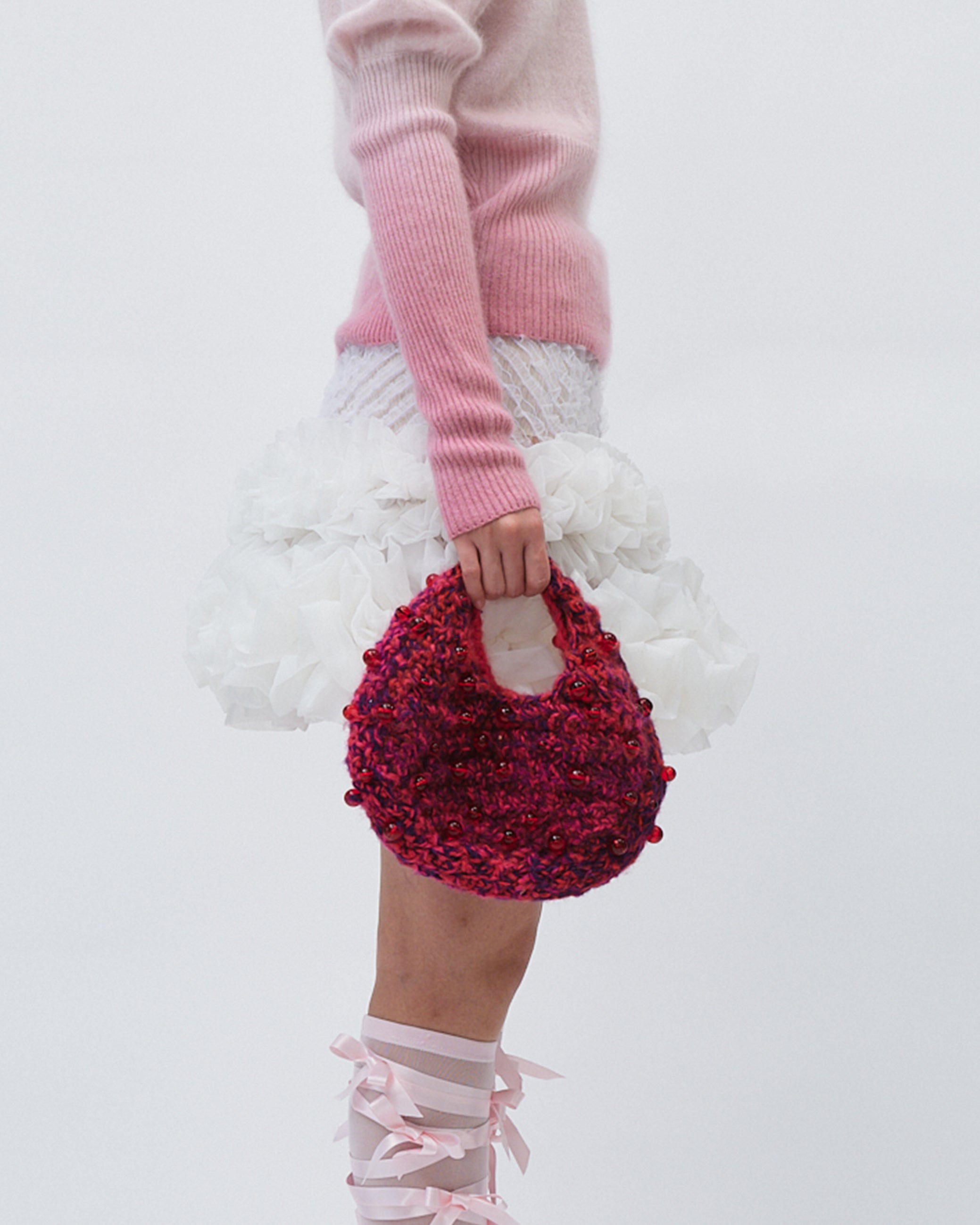 PINK WOMEN GIRL KOREAN ASIAN STYLE CROCHET BEADED HANDBAG DESIGN 