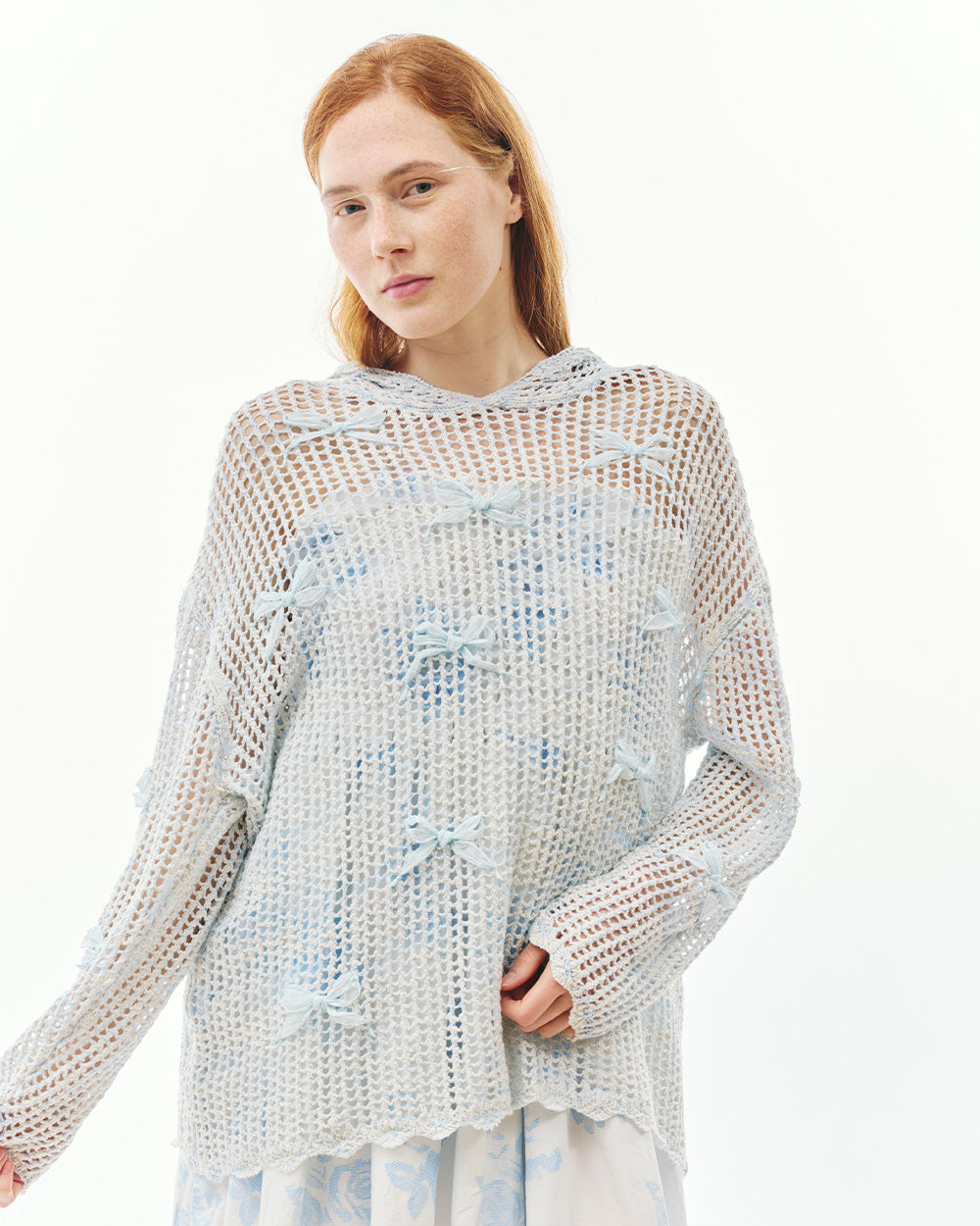 CROCHET BOW NET KNIT HOODIE