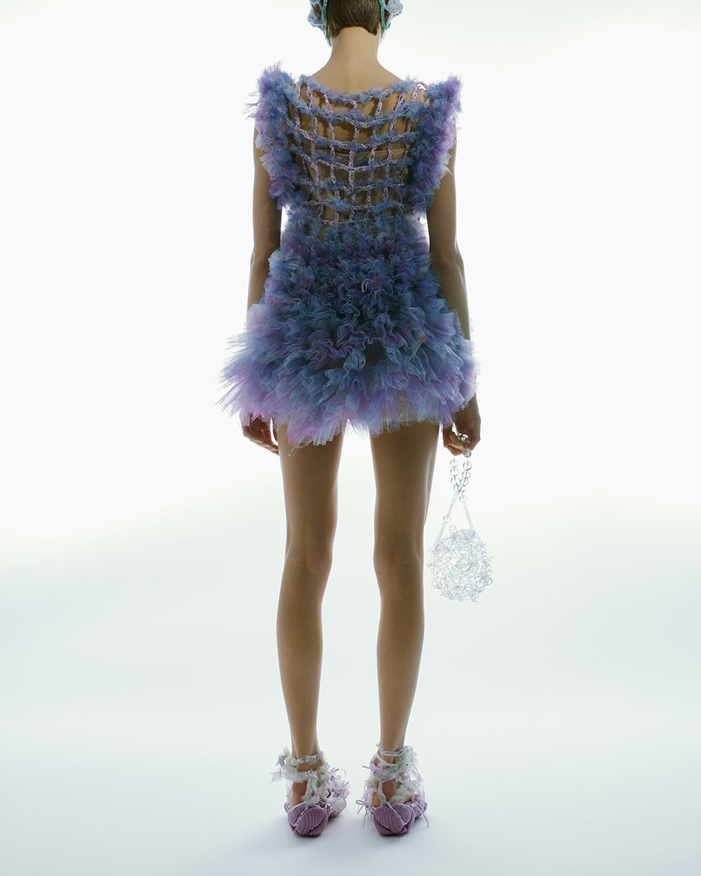 WOMEN STYLE SHORT CROCHET SHIRT DRESS W/ TULLE PEPLUM PURPLE BLUE