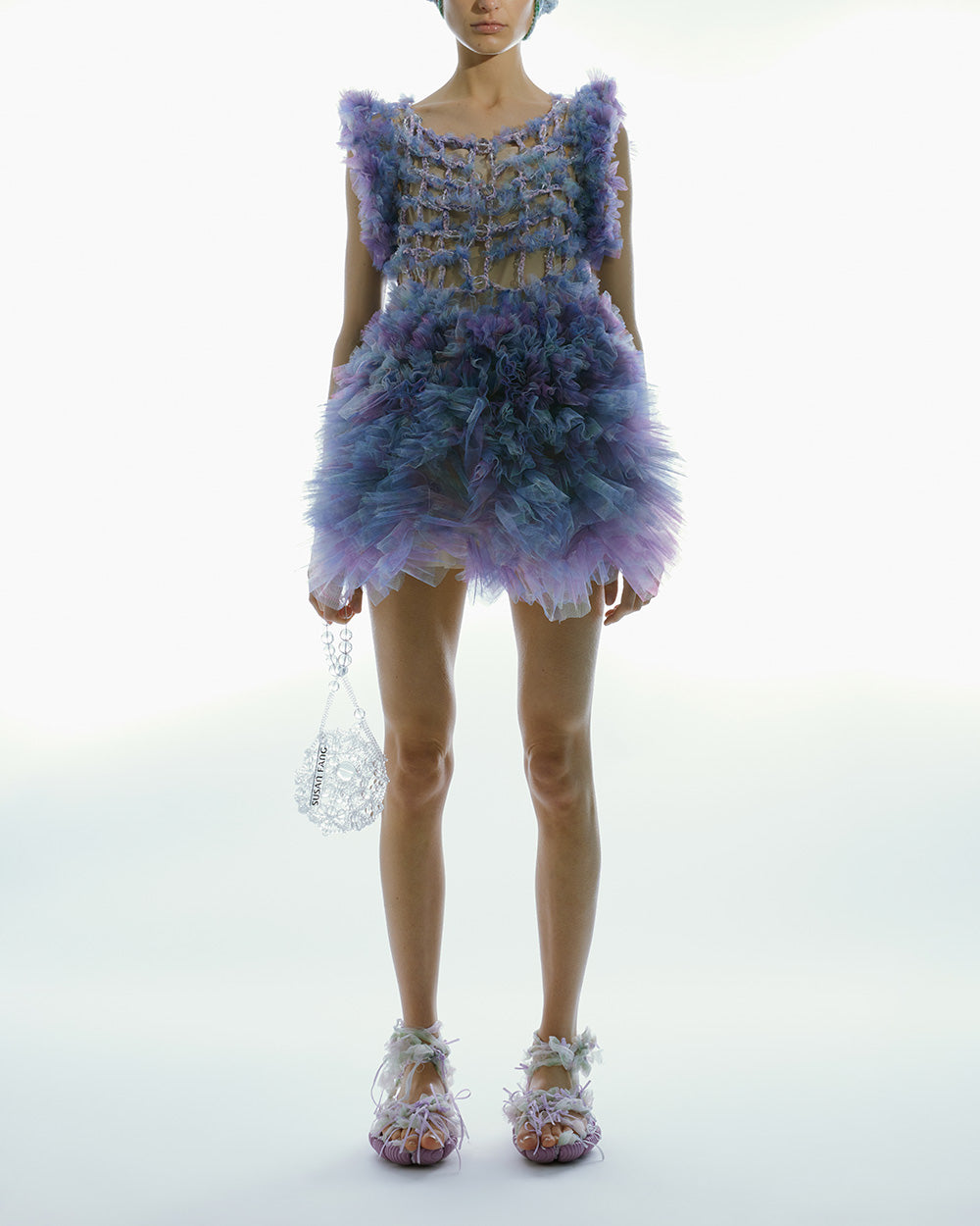WOMEN STYLE SHORT CROCHET SHIRT DRESS W/ TULLE PEPLUM PURPLE BLUE