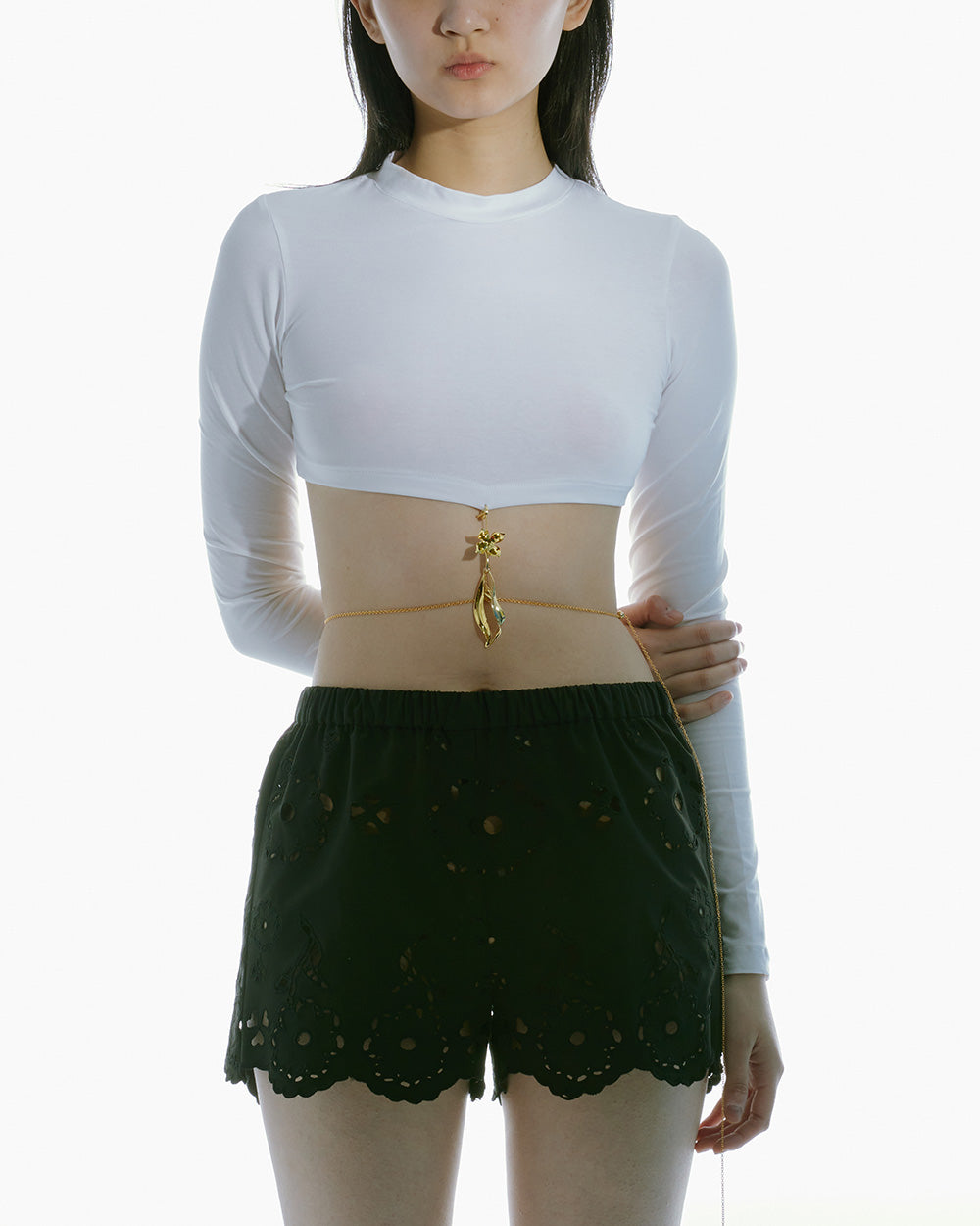 WOMEN STYLE LONG SLEEVE CROPPED JERSEY TOP PENDANT WHITE TOP