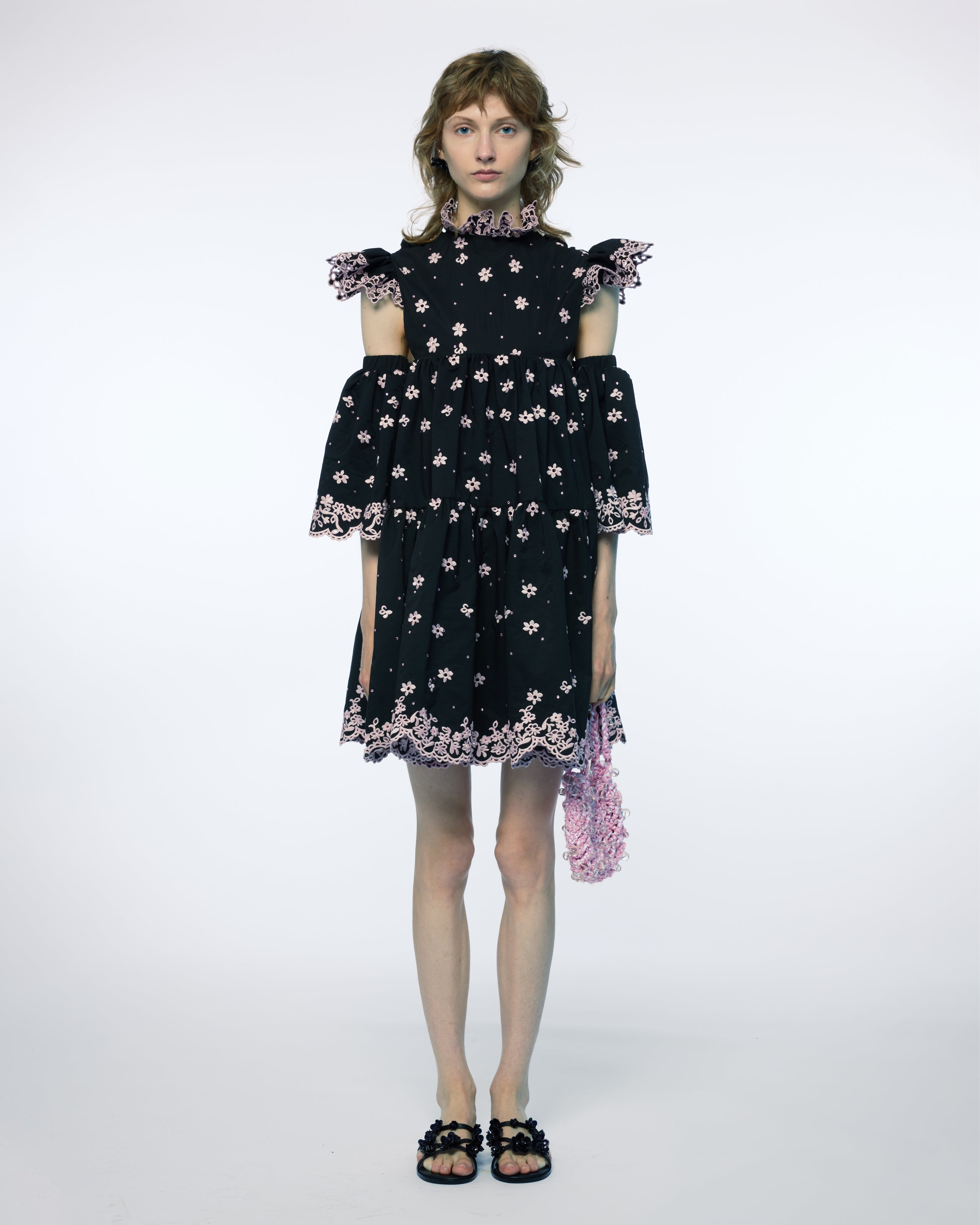 WOMEN BLACK SHORT SLEEVE PUFF SLEEVES BRODERIE ANGLAIS MINI SHORT DRESS