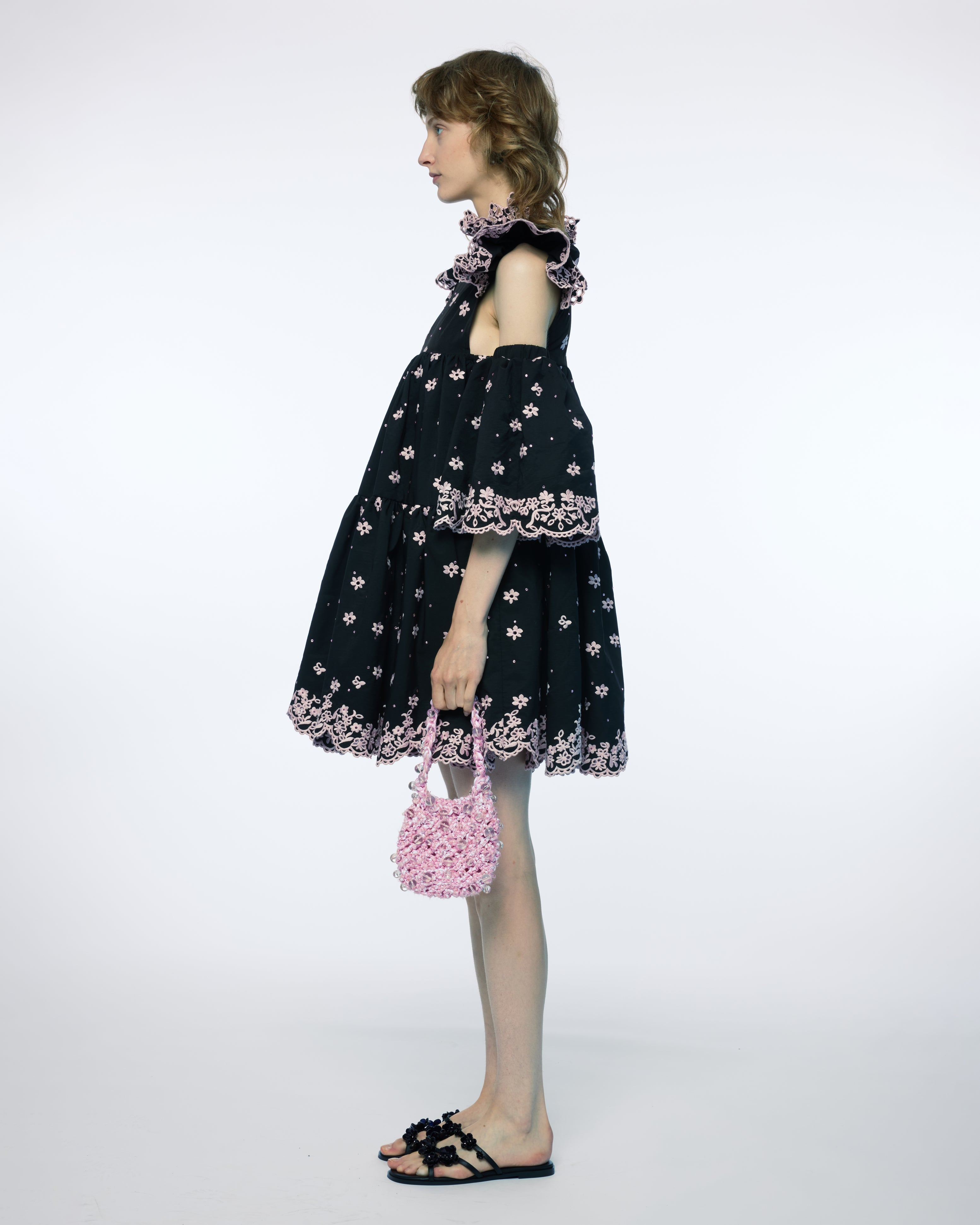 WOMEN BLACK SHORT SLEEVE PUFF SLEEVES BRODERIE ANGLAIS MINI SHORT DRESS