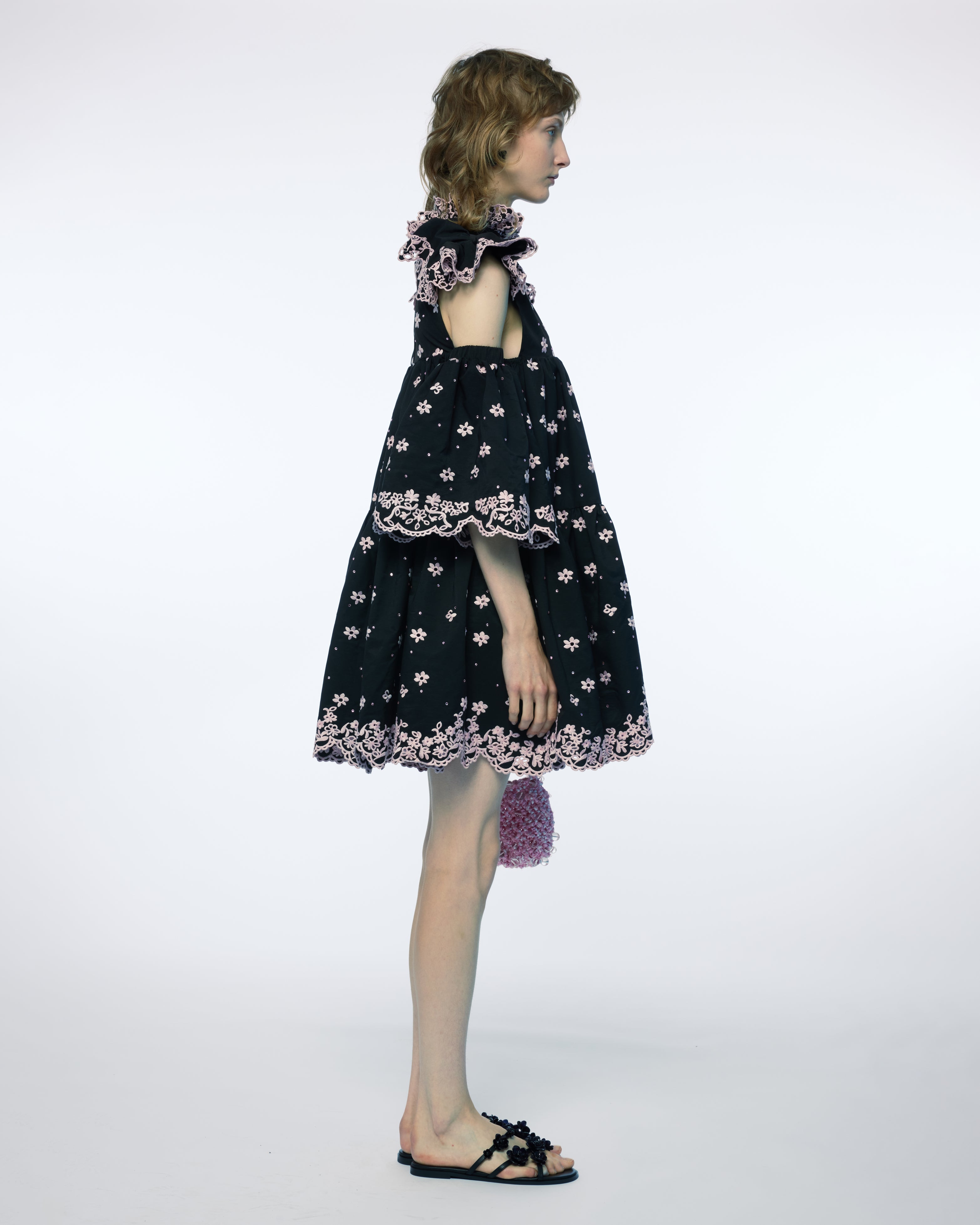 WOMEN BLACK SHORT SLEEVE PUFF SLEEVES BRODERIE ANGLAIS MINI SHORT DRESS
