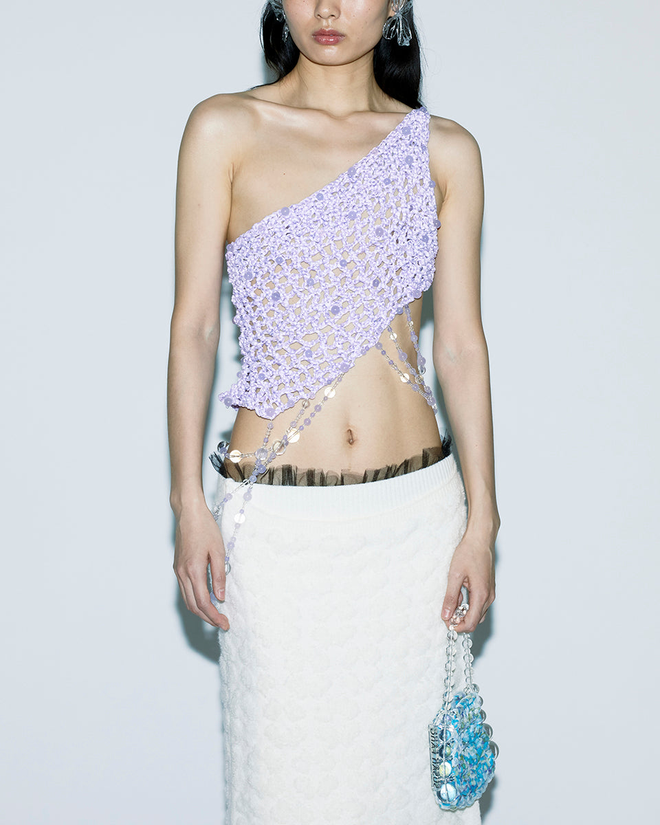 PURPLE DIAGONAL CROCHET BEADED ONE-SHOULDER ASYMMETRICAL SILHOUETTE WAIST LENGTH TOP