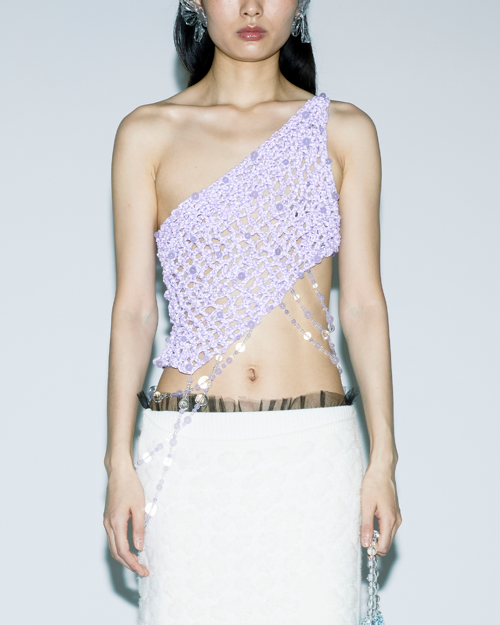 PURPLE DIAGONAL CROCHET BEADED ONE-SHOULDER ASYMMETRICAL SILHOUETTE WAIST LENGTH TOP