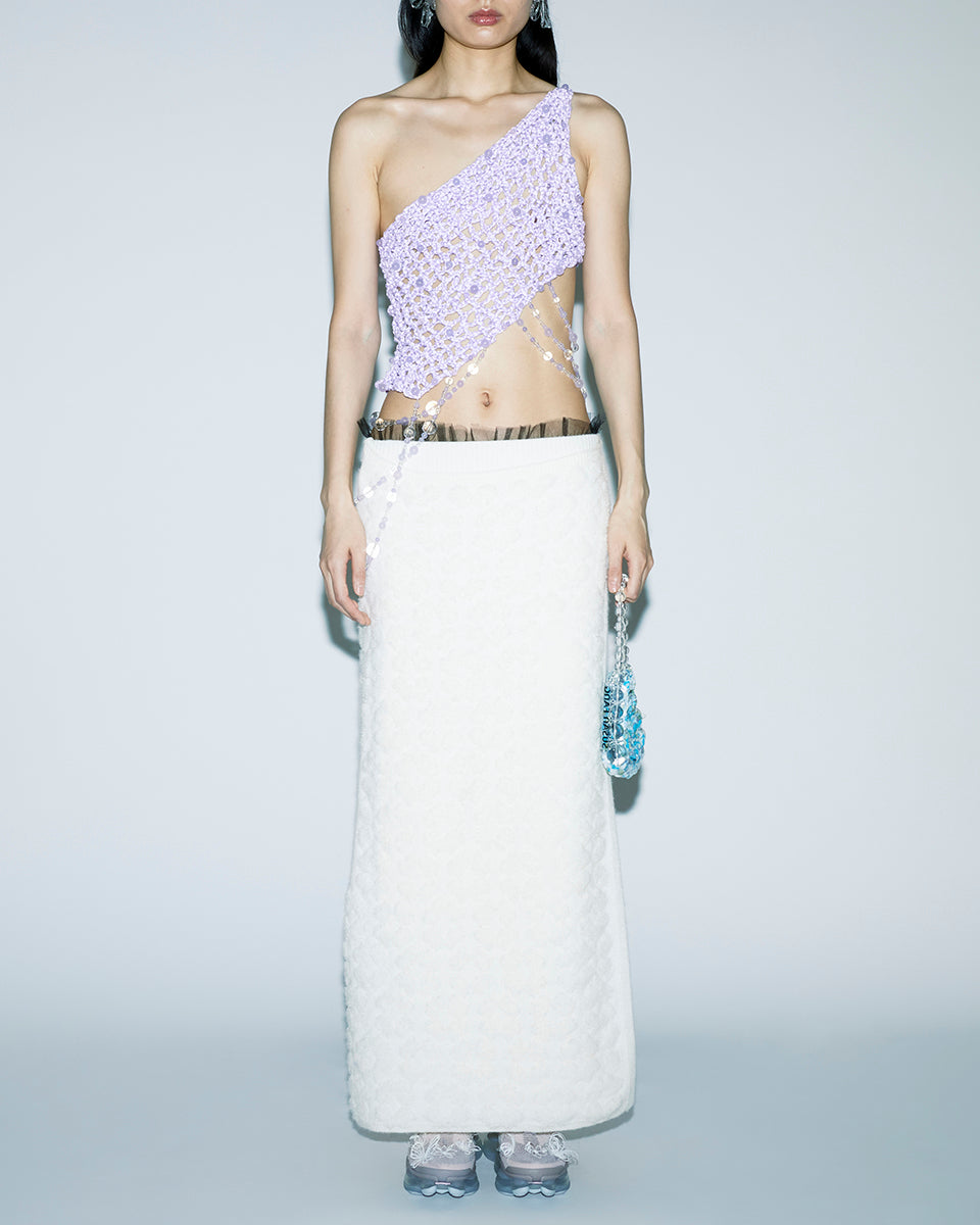 PURPLE DIAGONAL CROCHET BEADED ONE-SHOULDER ASYMMETRICAL SILHOUETTE WAIST LENGTH TOP