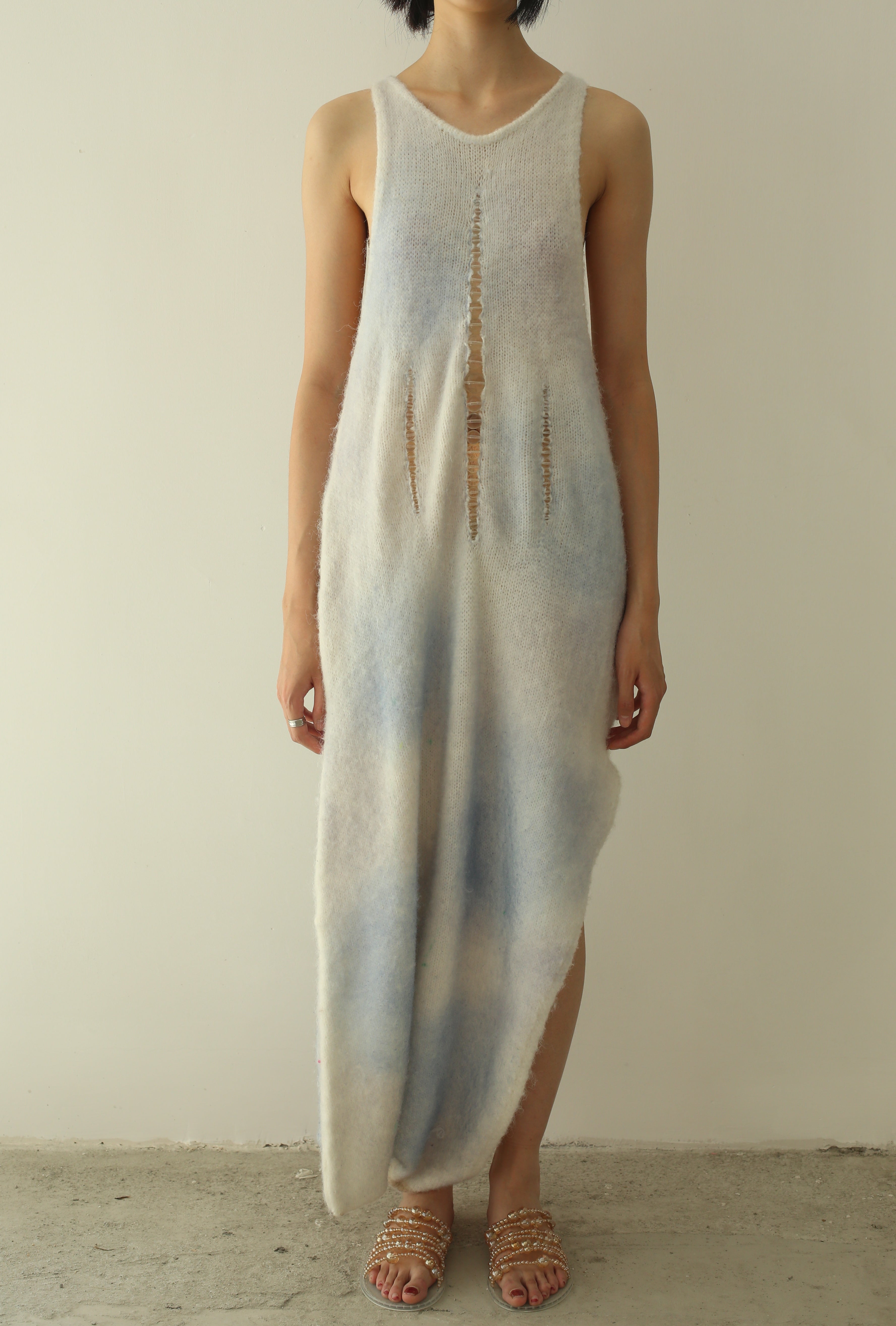 WOMEN GIRL SLEEVELESS MAXI DRAPE WOOL KNIT DRESS WITH BUBBLE BEADS