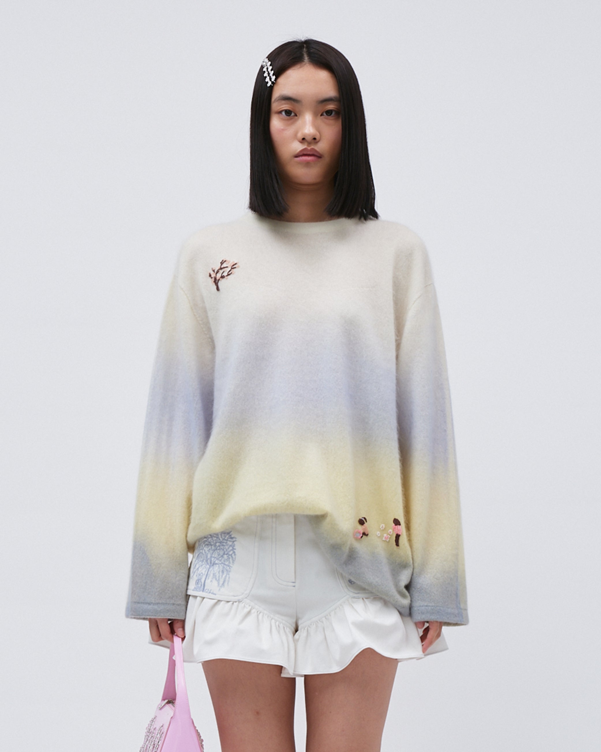 WOMENS JUMPER SWETER TOP GRADIENT KNITED YELLOW WITH EMBROIDERY RELAXED FIT