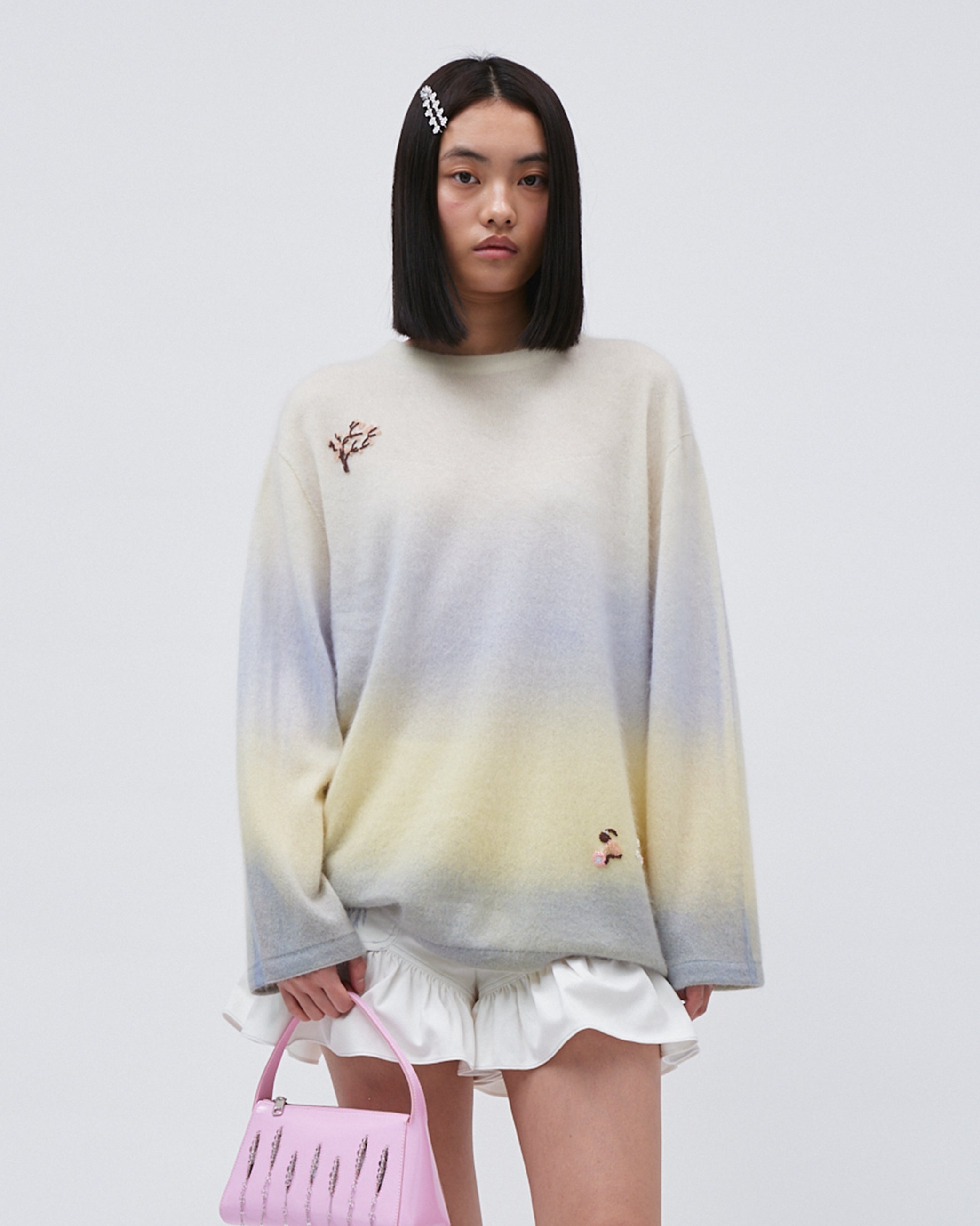 WOMENS JUMPER SWETER TOP GRADIENT KNITED YELLOW WITH EMBROIDERY RELAXED FIT