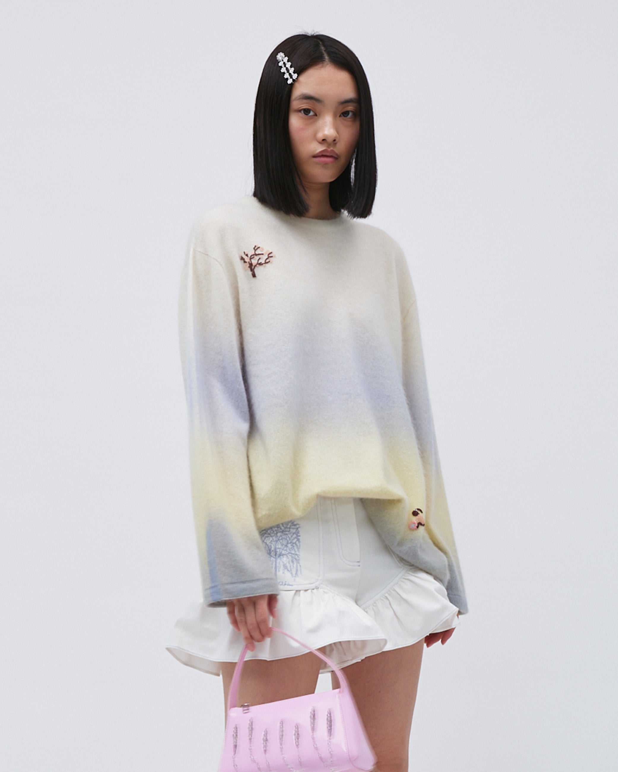 WOMENS JUMPER SWETER TOP GRADIENT KNITED YELLOW WITH EMBROIDERY RELAXED FIT