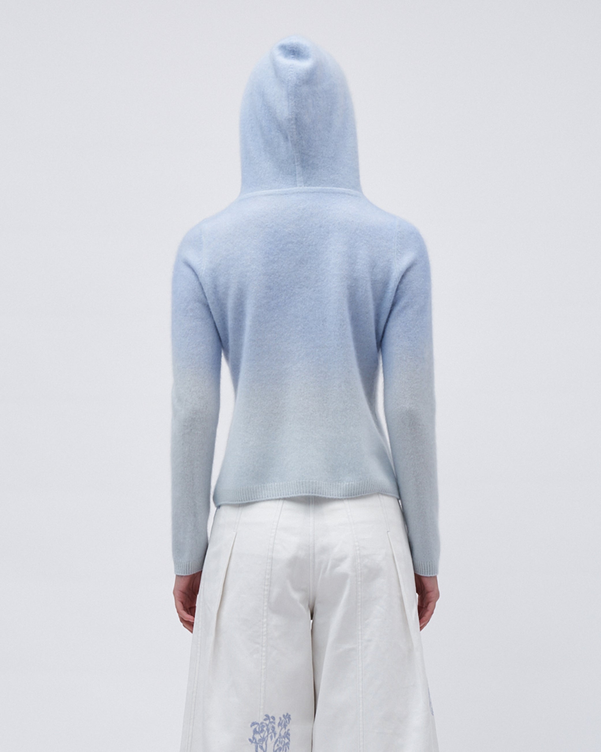 WOMENS KNIT CASHMERE JUMPER TOP SWEATER WITH GRADIENT PALETTE FRONT EMBROIDERY LONG SLEEVE BLUE WITH HOOD 