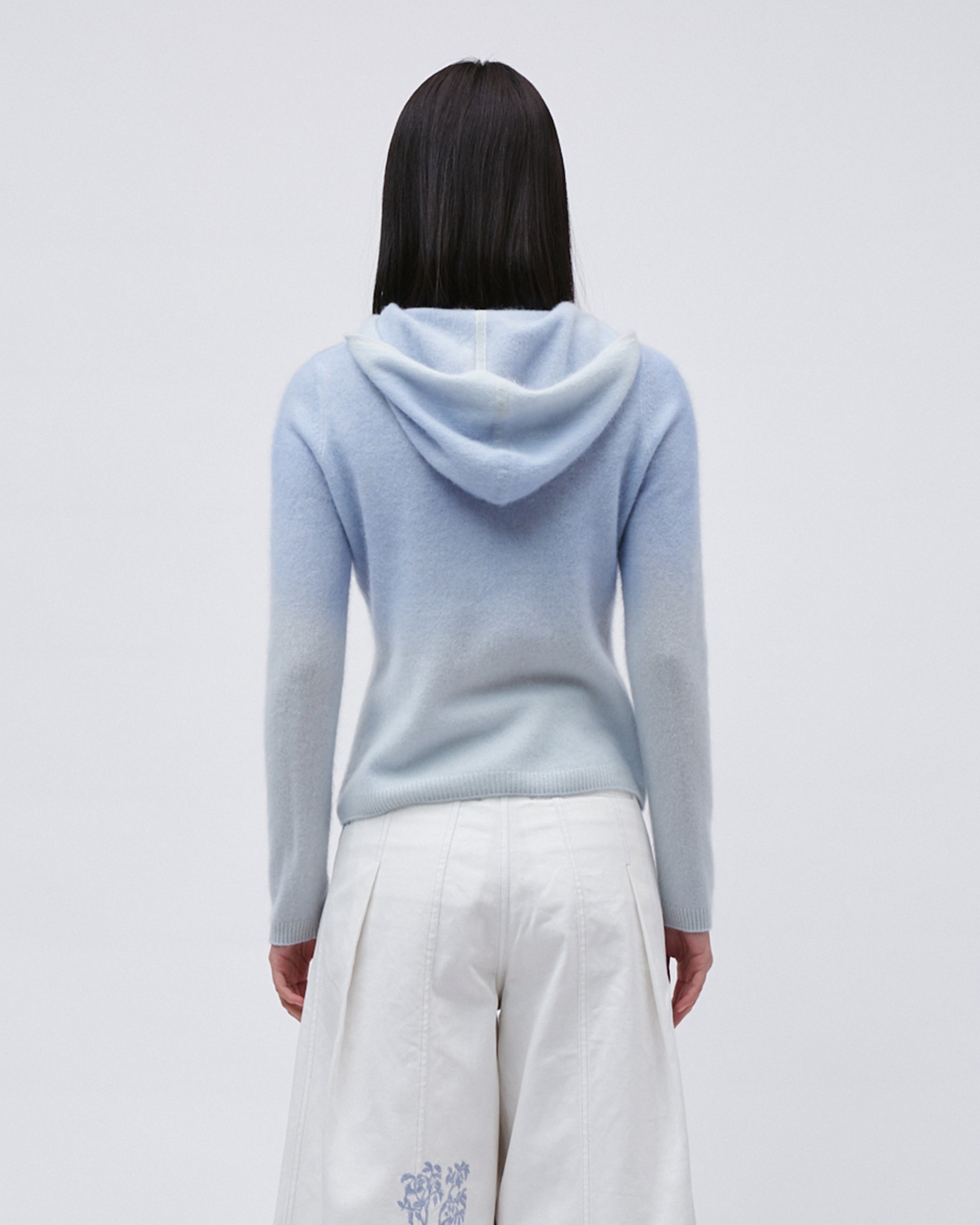 WOMENS KNIT CASHMERE JUMPER TOP SWEATER WITH GRADIENT PALETTE FRONT EMBROIDERY LONG SLEEVE BLUE WITH HOOD 