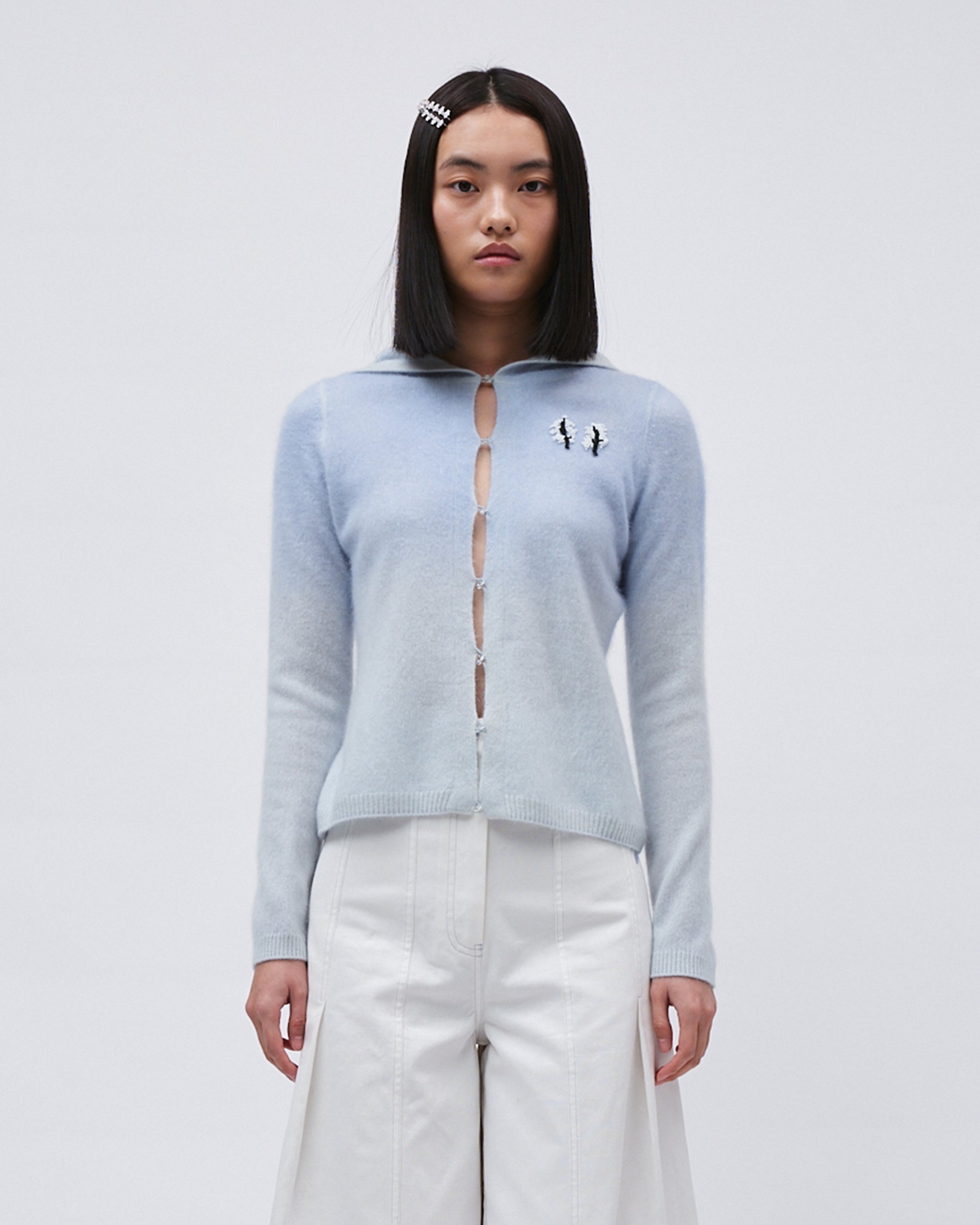 WOMENS KNIT CASHMERE JUMPER TOP SWEATER WITH GRADIENT PALETTE FRONT EMBROIDERY LONG SLEEVE BLUE WITH HOOD 