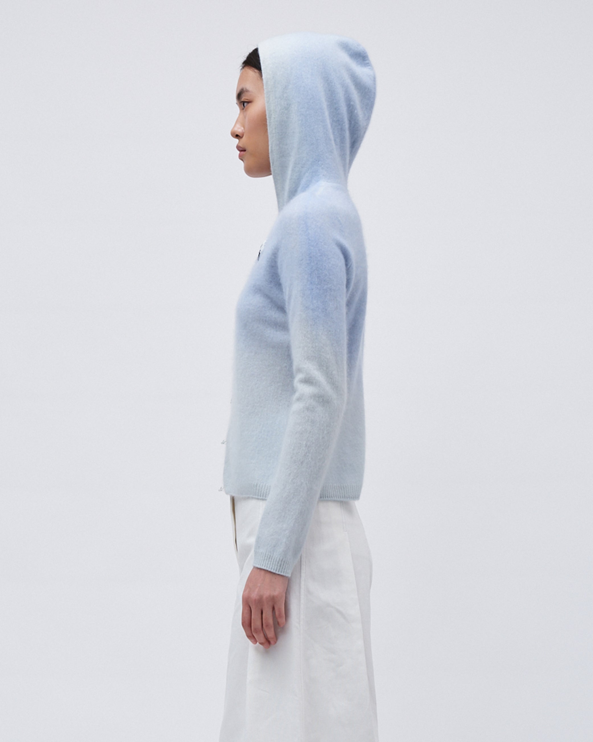 WOMENS KNIT CASHMERE JUMPER TOP SWEATER WITH GRADIENT PALETTE FRONT EMBROIDERY LONG SLEEVE BLUE WITH HOOD 