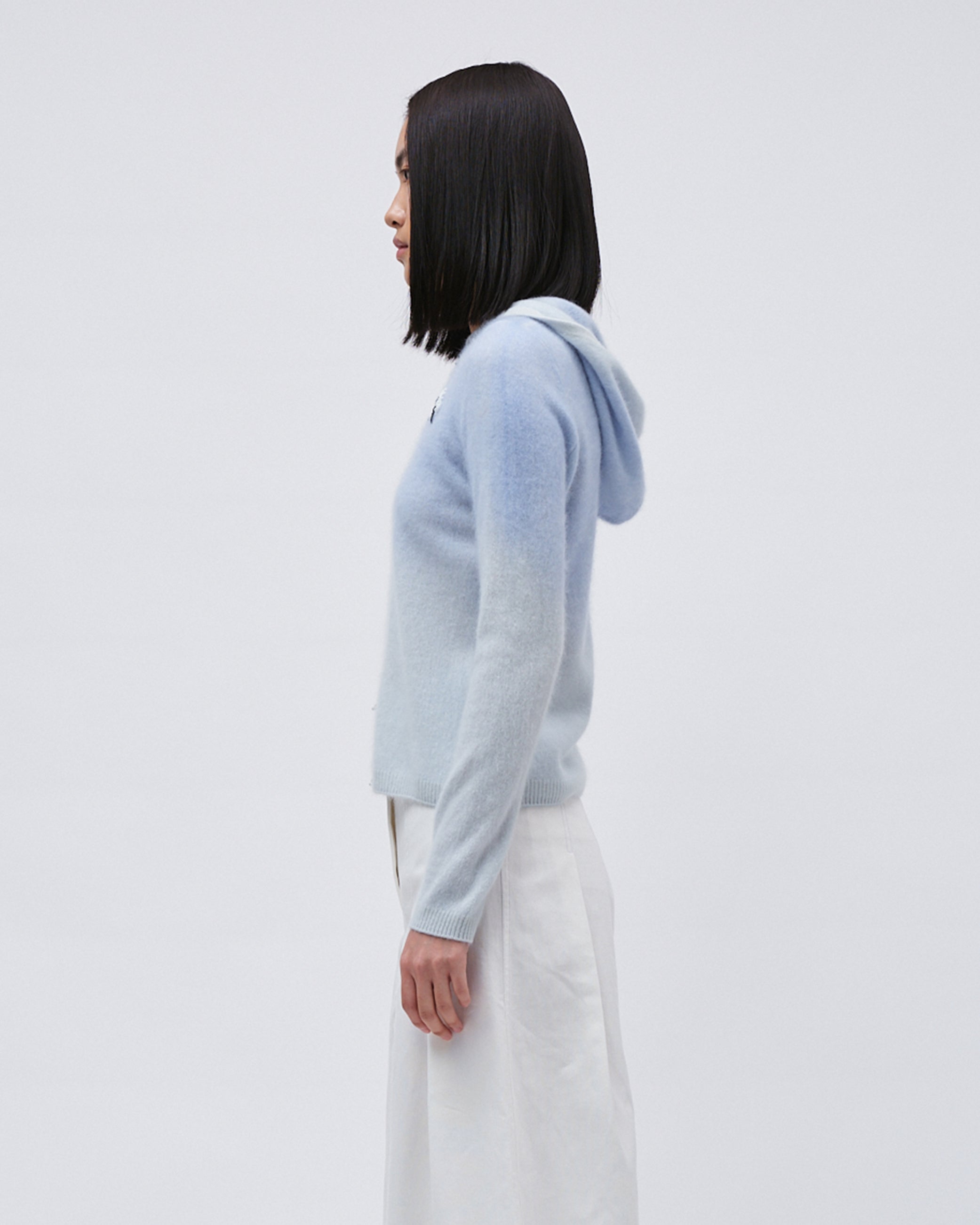WOMENS KNIT CASHMERE JUMPER TOP SWEATER WITH GRADIENT PALETTE FRONT EMBROIDERY LONG SLEEVE BLUE WITH HOOD 